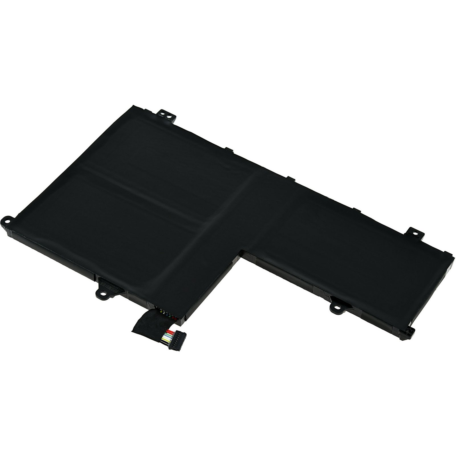 Schwarzer rechteckiger Laptop-Akku mit Anschlüssen. Schräge Aufnahme.