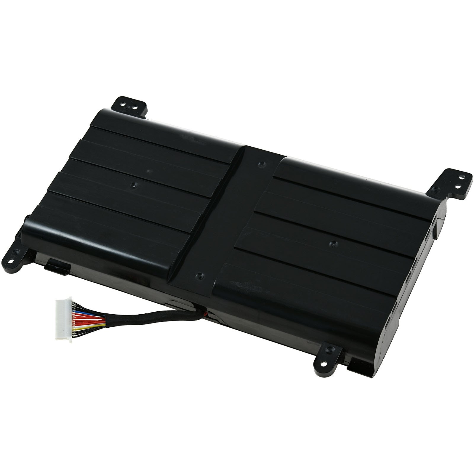 Batería negra para portátil. Una batería negra con conector y etiquetas.