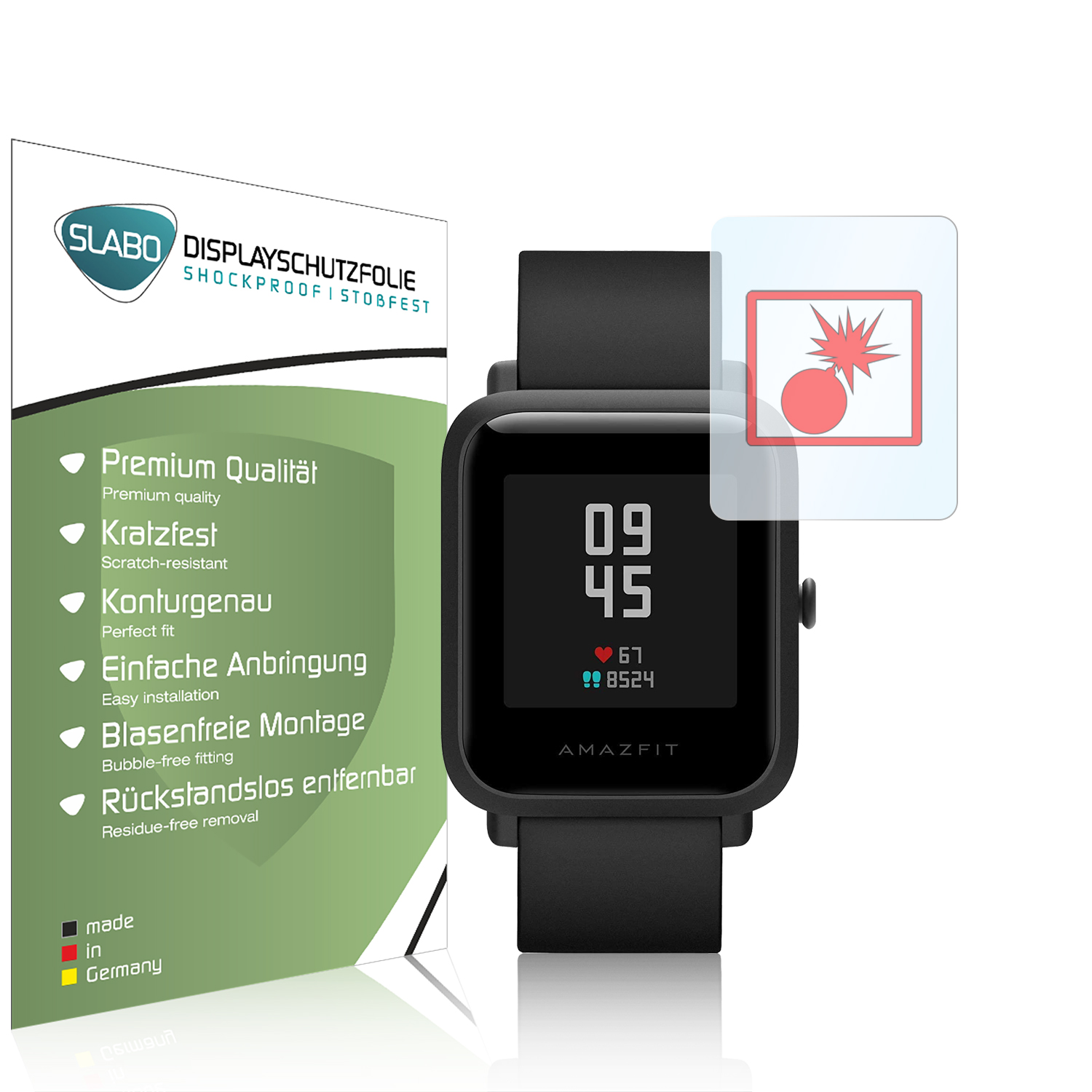 Schwarze Amazfit-Uhr mit Schutzfolie und Produktverpackung. Die Uhr zeigt Zeit und Gesundheitsmetriken an.