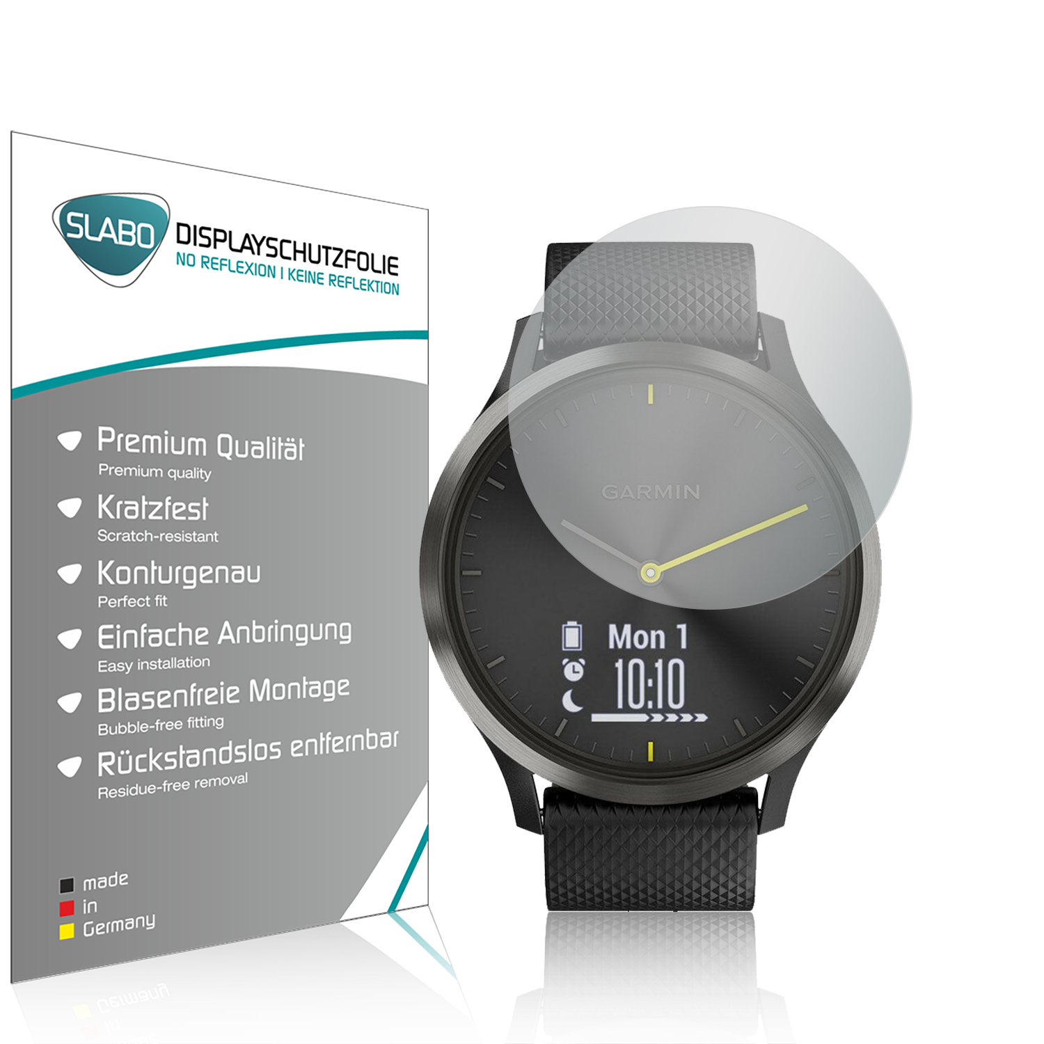 Smartwatch und Displayschutzfolienverpackung. Die Uhr hat ein schwarzes Armband und zeigt Datum und Uhrzeit auf dem Bildschirm.