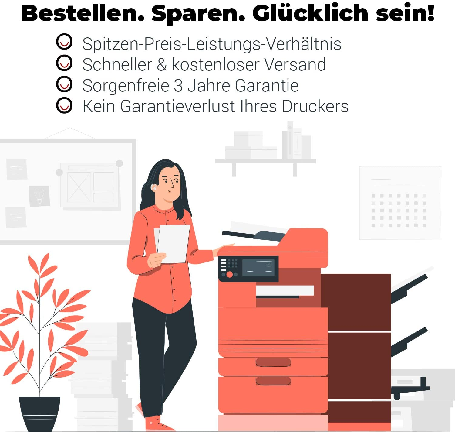 Frau an Drucker mit Text über Vorteile und roter Büromaschine.