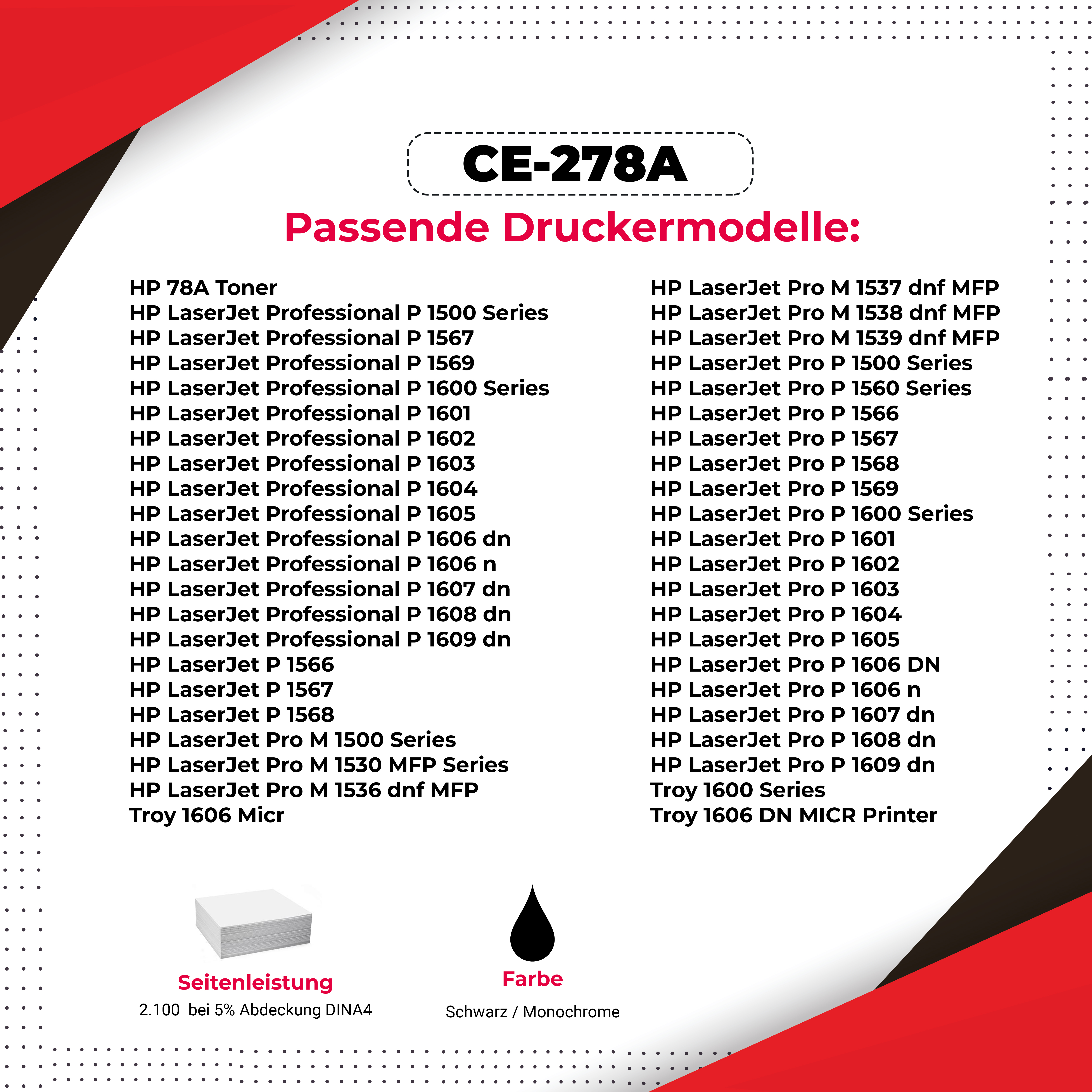 Weißes Papier und eine schwarze Tintenpatrone mit einer Liste kompatibler Druckermodelle.