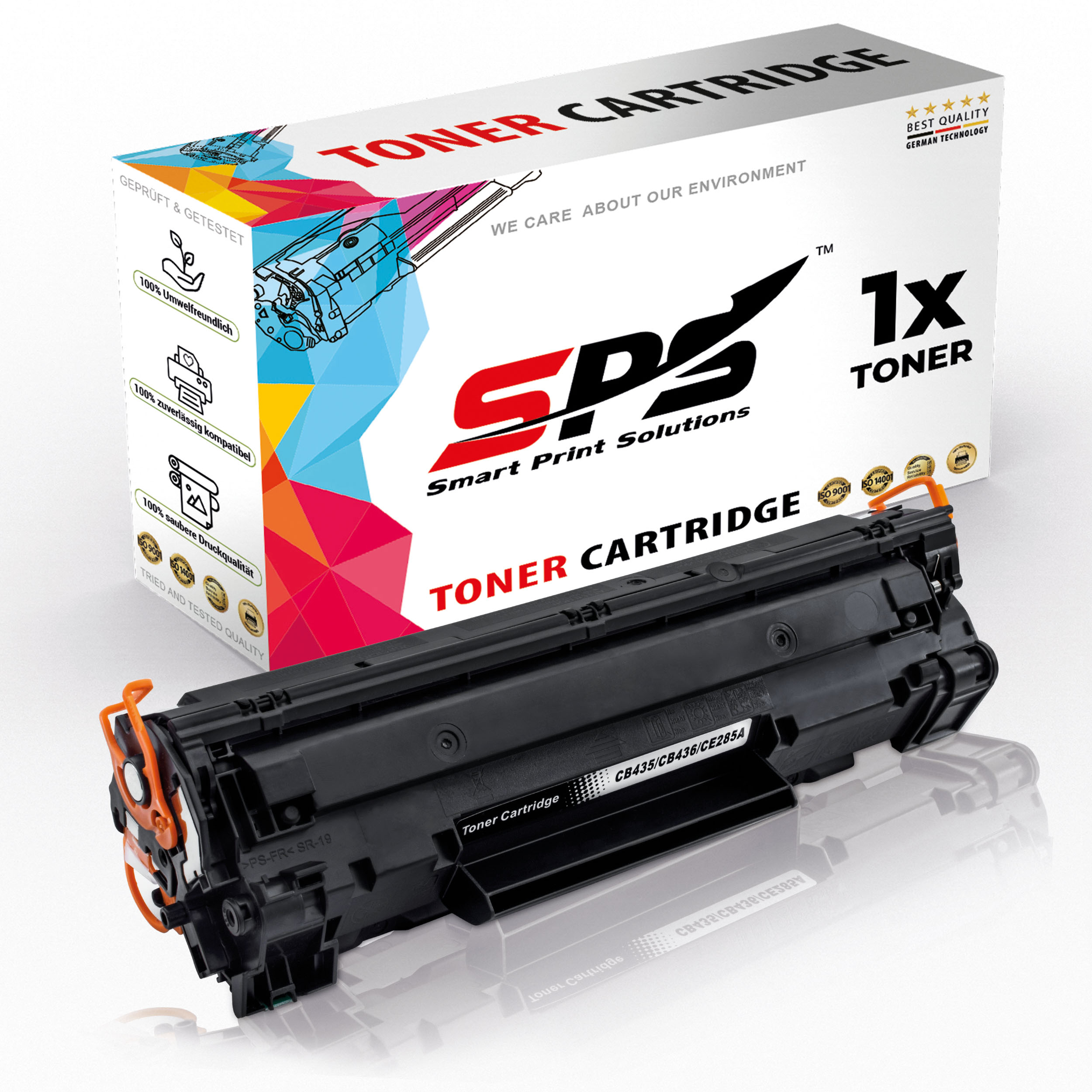 Tonerpatronenbox mit schwarzer Patrone. Text enthält 'TONER CARTRIDGE' und '1x TONER'.