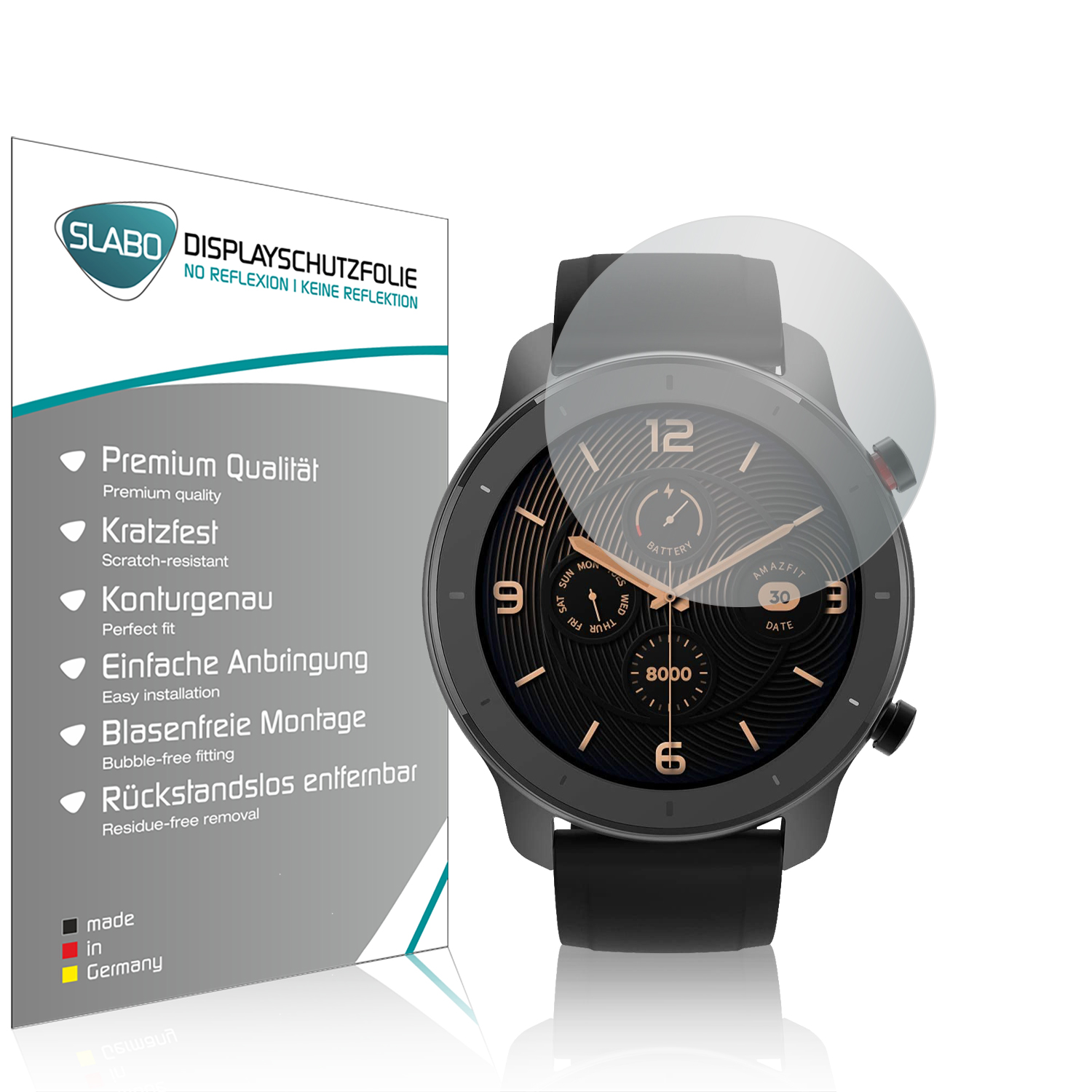 Smartwatch mit Displayschutzfolie. Verpackung links zeigt Produktdetails.