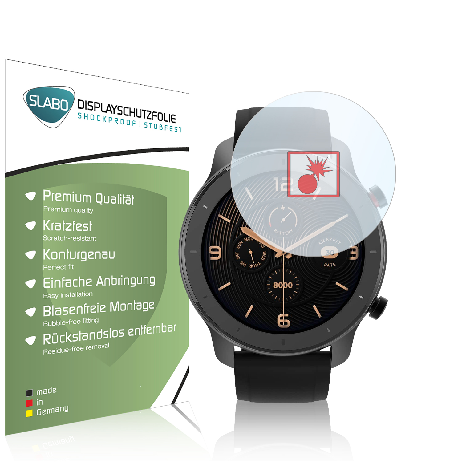Smartwatch mit Displayschutz, schwarzem Armband und Produktverpackung.