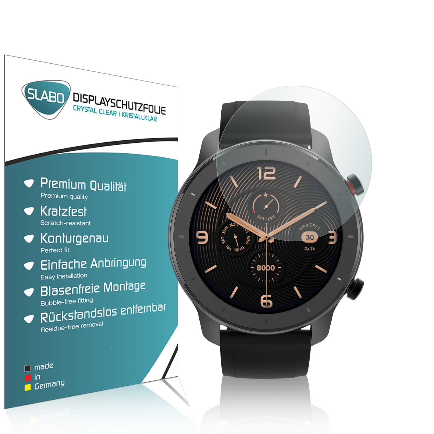 Smartwatch mit Displayschutzfolie; Zifferblatt zeigt Uhrzeit, Akku und Datum.