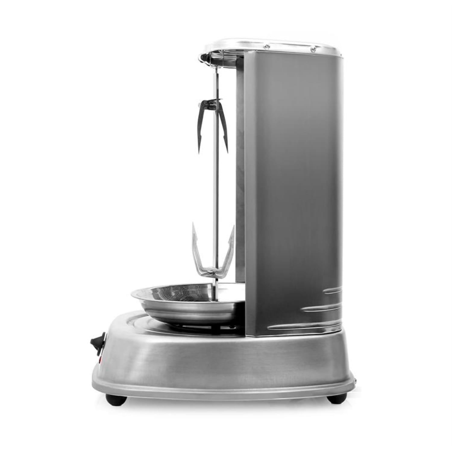 Eine silberne vertikale Rotisserie-Maschine. Sie hat eine Auffangschale und einen Metallspieß zum Garen von Speisen.