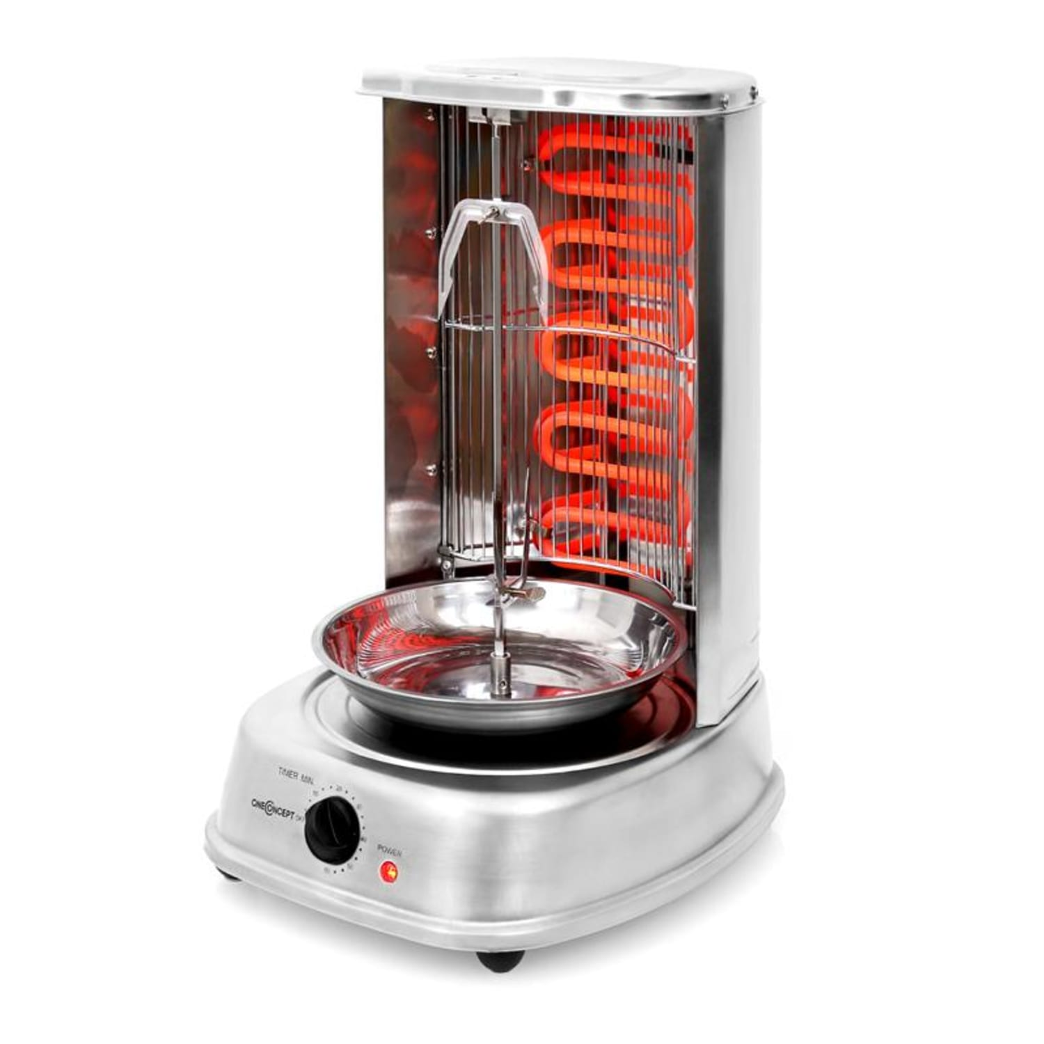 Ein vertikaler Drehgrill mit rot glühenden Heizelementen, mit silberner Basis und einer Ablage.