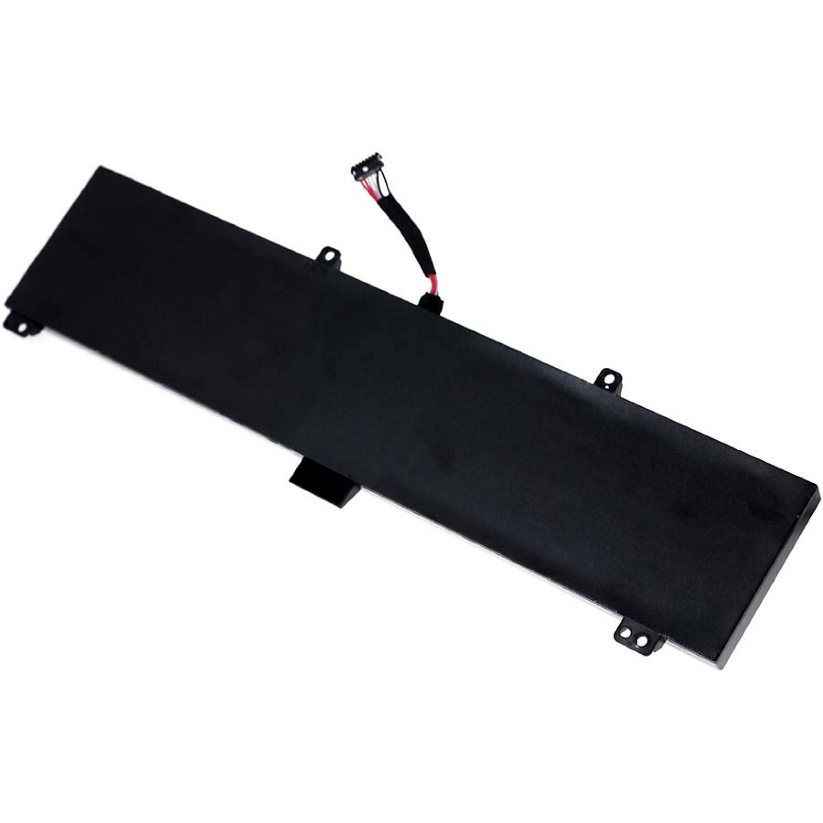 Una batería de laptop rectangular negra con un pequeño conector y cables.