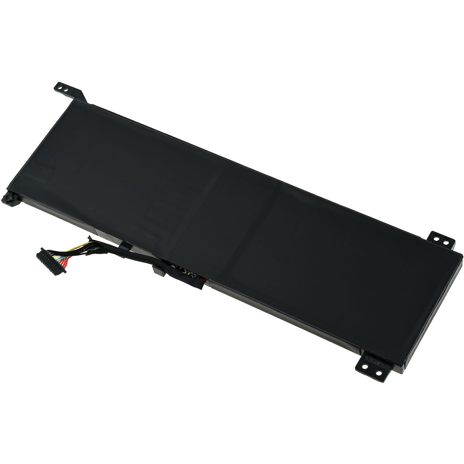 Schwarzer Laptop-Akku mit Kabel und Stecker. Es hat mehrere Löcher an den Rändern.