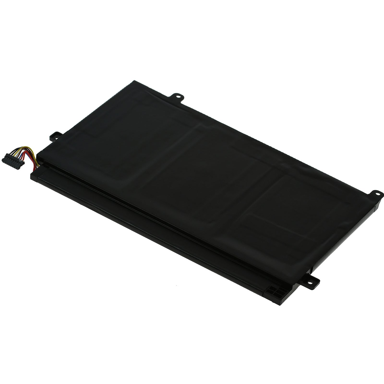 Schwarzer Laptop-Akku, rechteckige Form mit Anschlüssen, auf weißer Oberfläche.