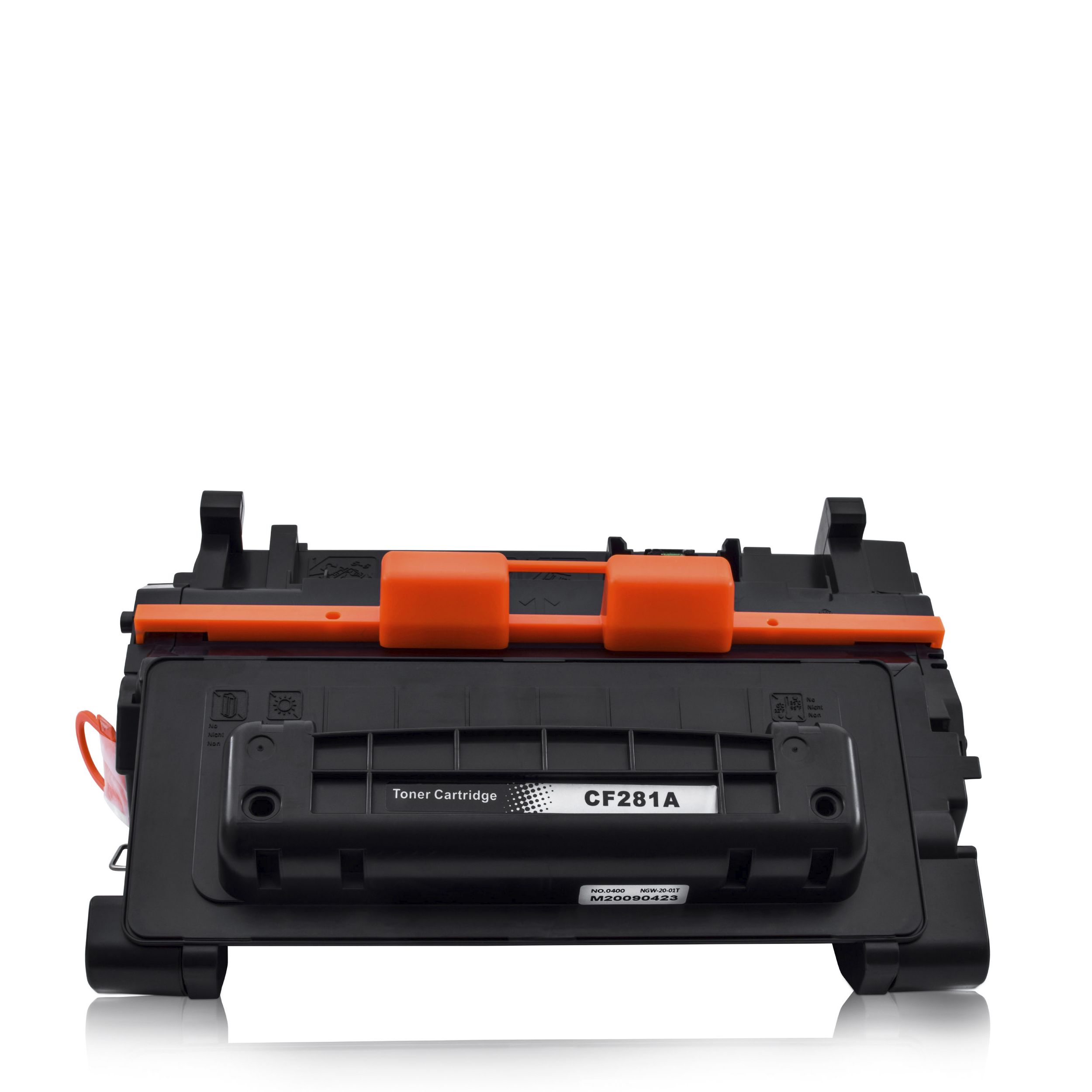 Schwarz-orange Tonerpatrone auf weißem Hintergrund.