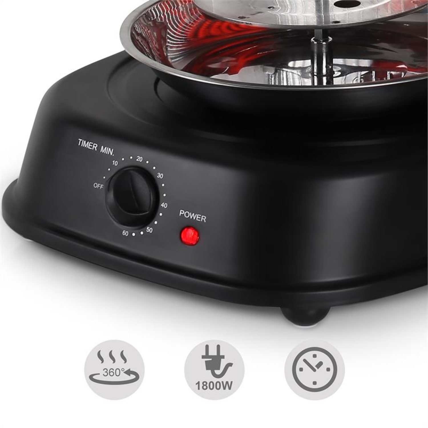 Schwarzes Küchengerät. Timer, Power-Taste und Heizelement sichtbar. Symbole unten.