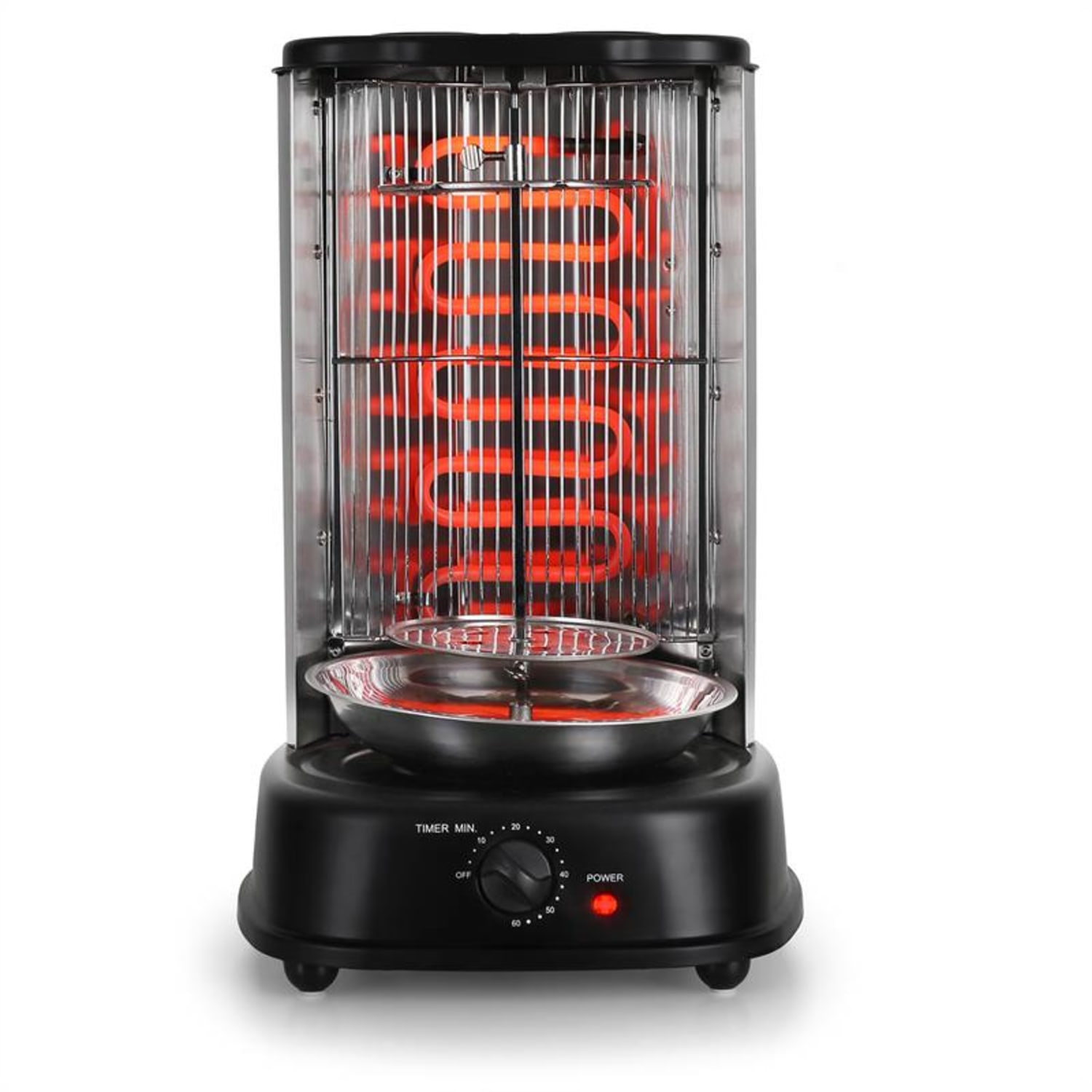 Schwarze elektrische Heizung mit rot glühender Spirale. Timer- und Leistungsregler unten, transparente Front.