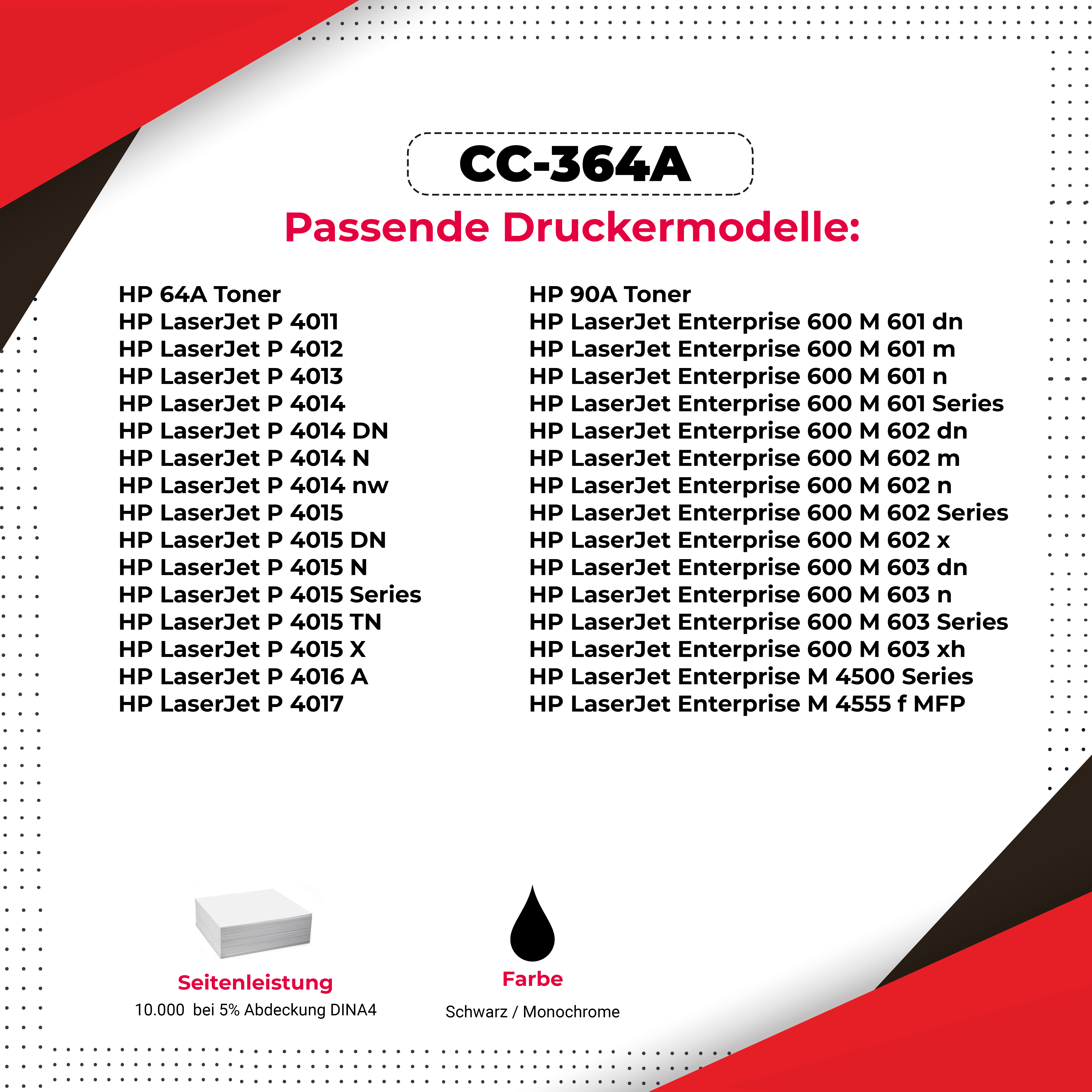 Eine Produktbeschreibung von Druckermodellen mit Text und einem schwarzen Tintenklecks auf weißem Hintergrund.