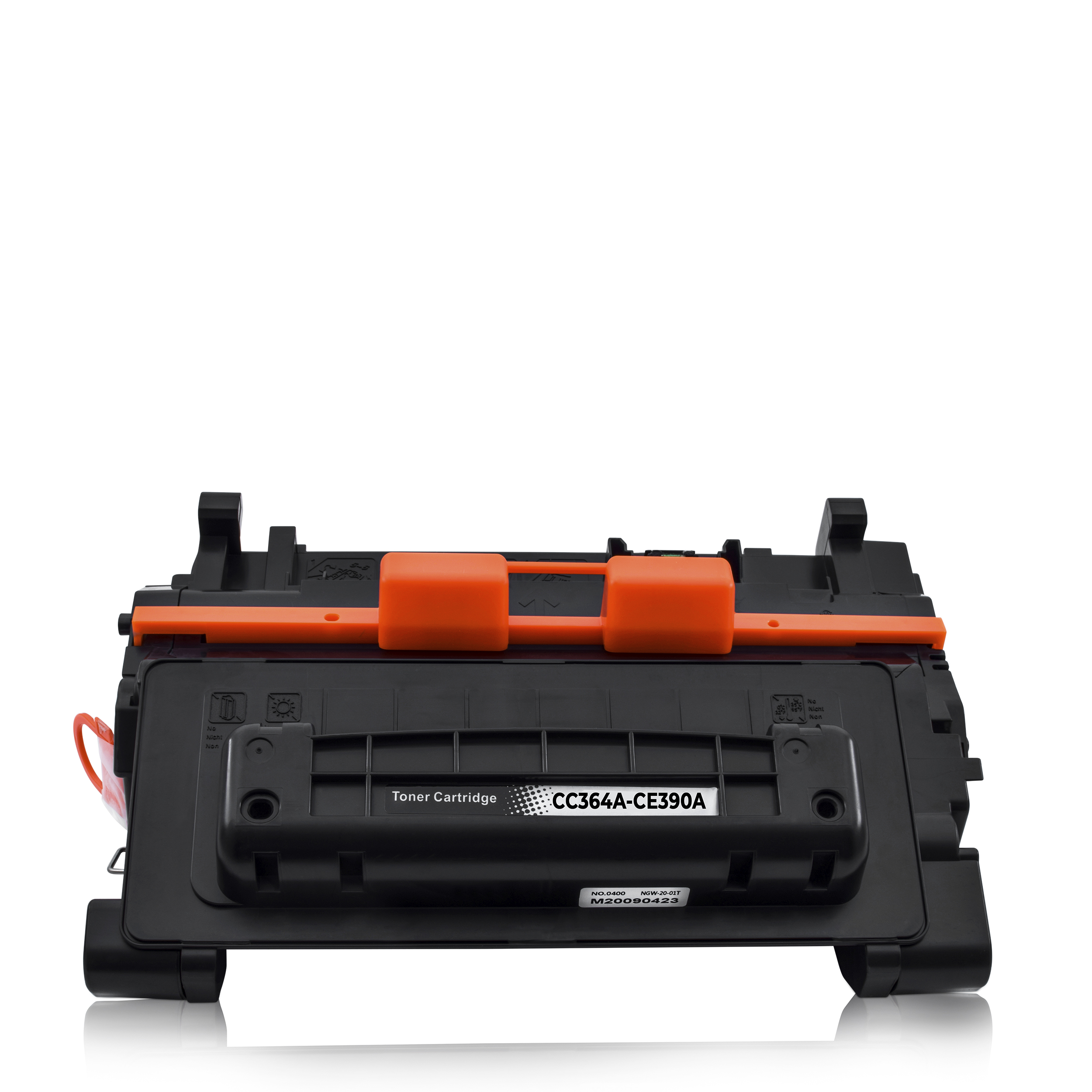 Schwarze Tonerkartusche mit orangenen Teilen. Beschriftet mit 'Toner Cartridge' und 'CC364A-CE390A'.