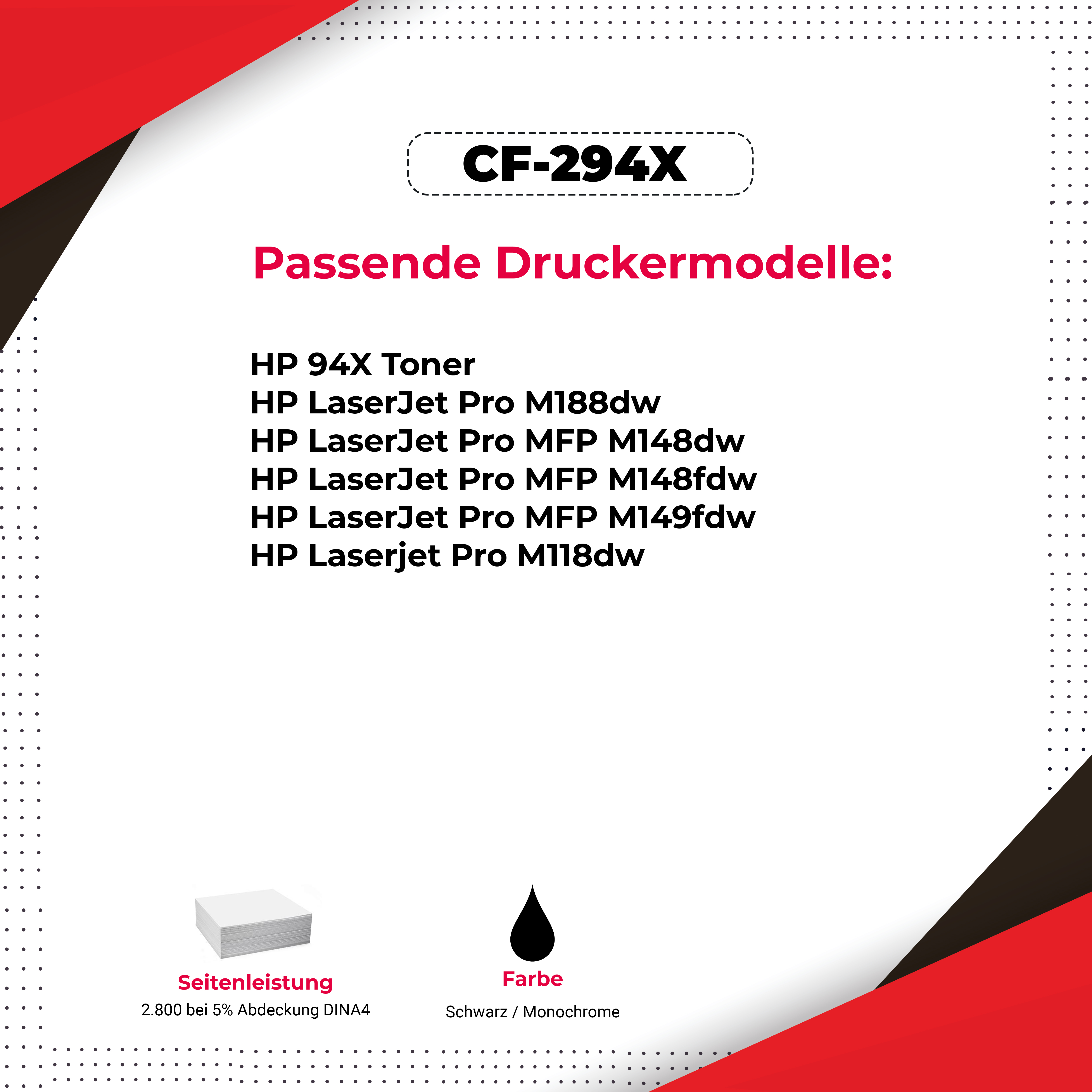 Ein weißes Dokument mit Text. Es enthält die Druckermodelle und andere technische Spezifikationen. Rotes und schwarzes Layout.