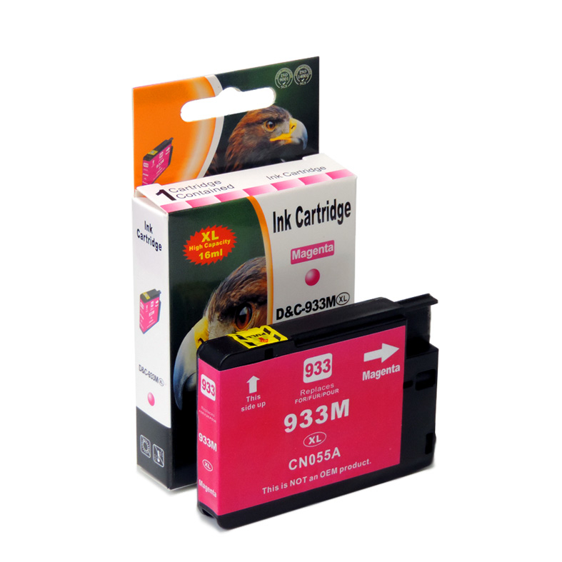 Magentarote Tintenpatrone mit Box, Text und Vogelbild.