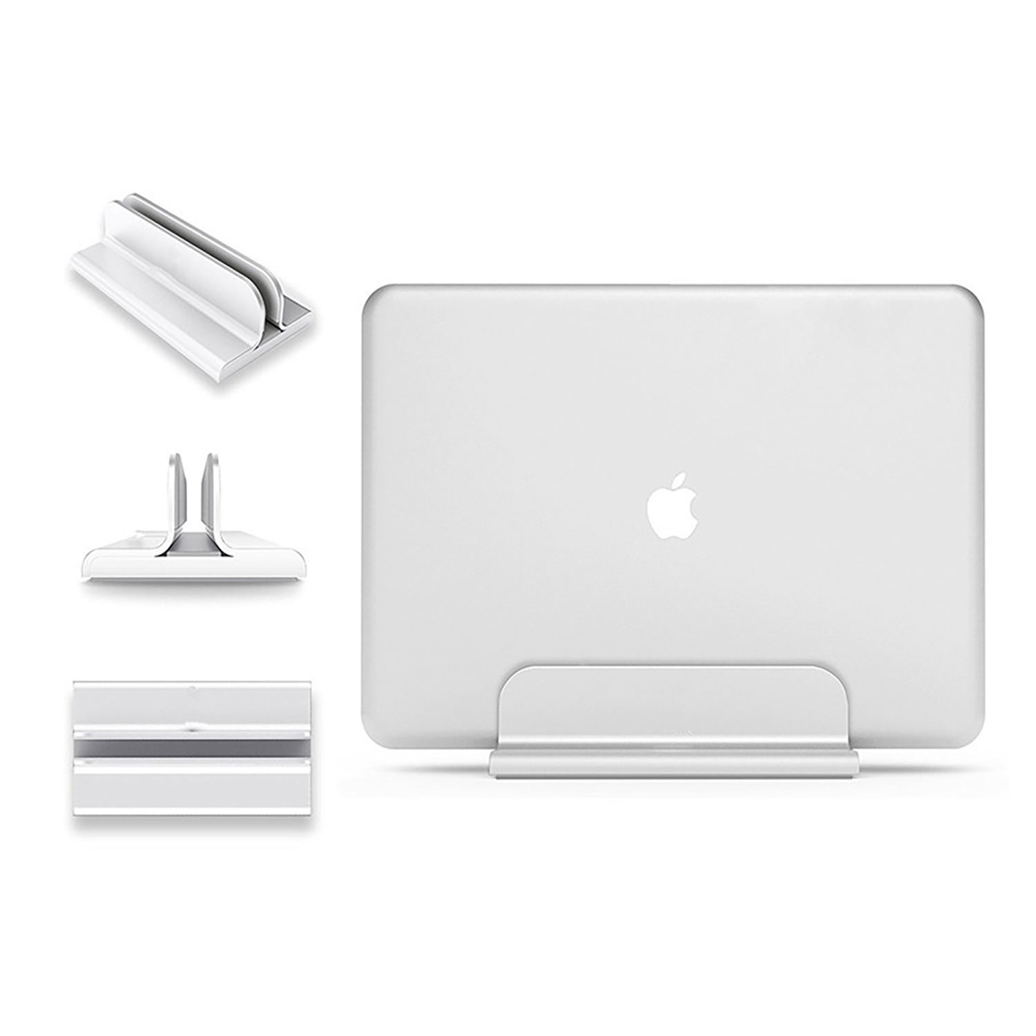Ein weißer Laptopständer mit drei Ansichten, hält einen Laptop und wird aus verschiedenen Winkeln gezeigt.