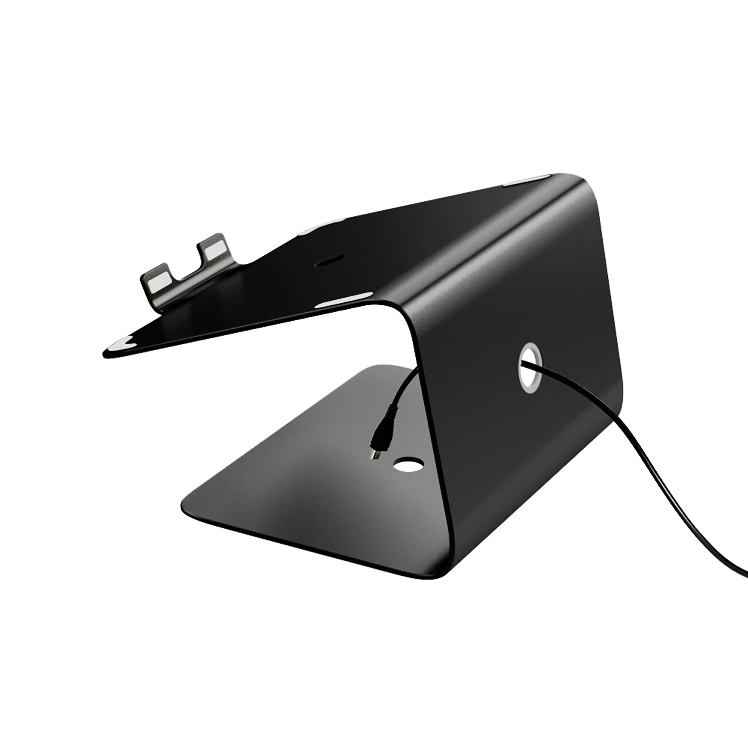 Ein schwarzer Laptopständer mit Kabel. Der Ständer besteht aus gebogenem Metall mit einem Loch für das Kabel.