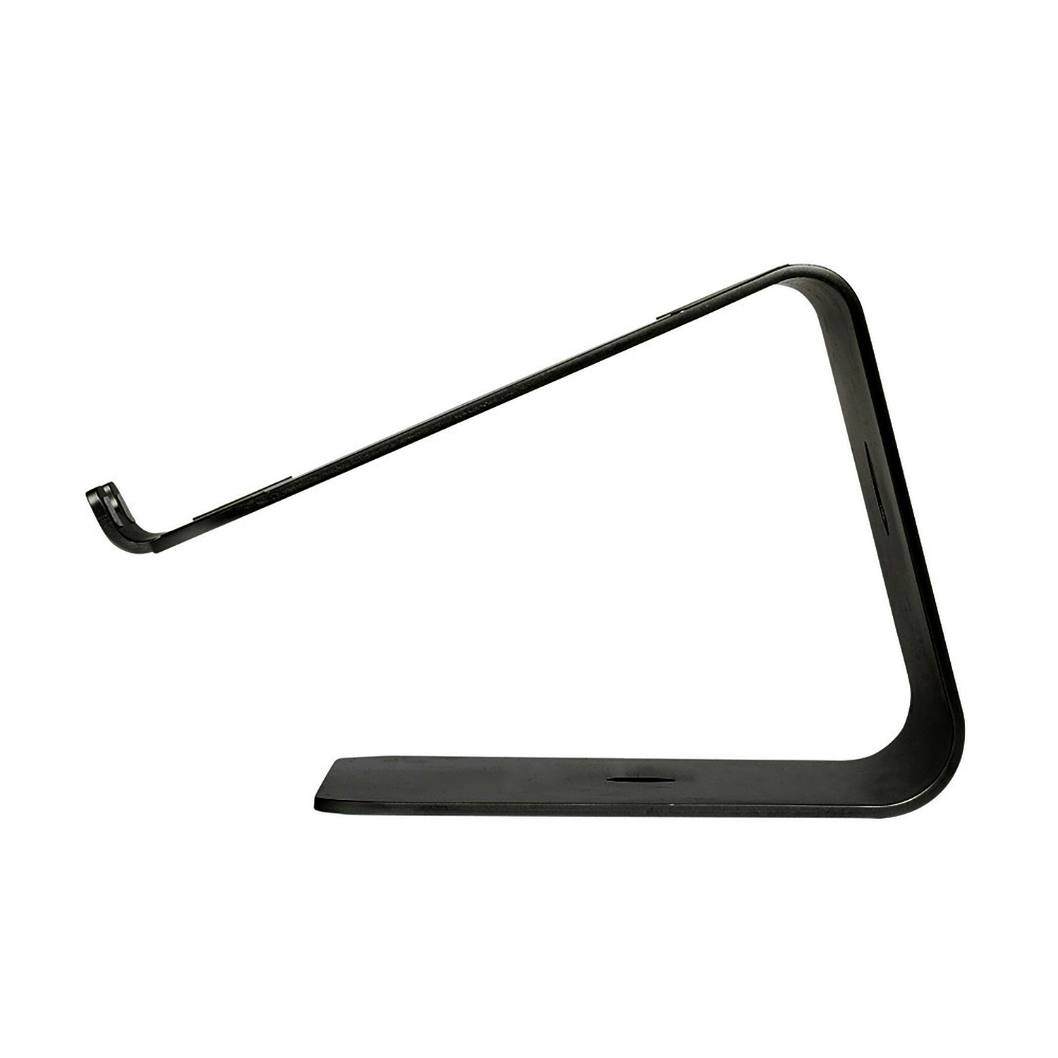 Schwarzer Laptopständer mit geschwungenem Design, der das Gerät auf einer flachen Basis trägt.