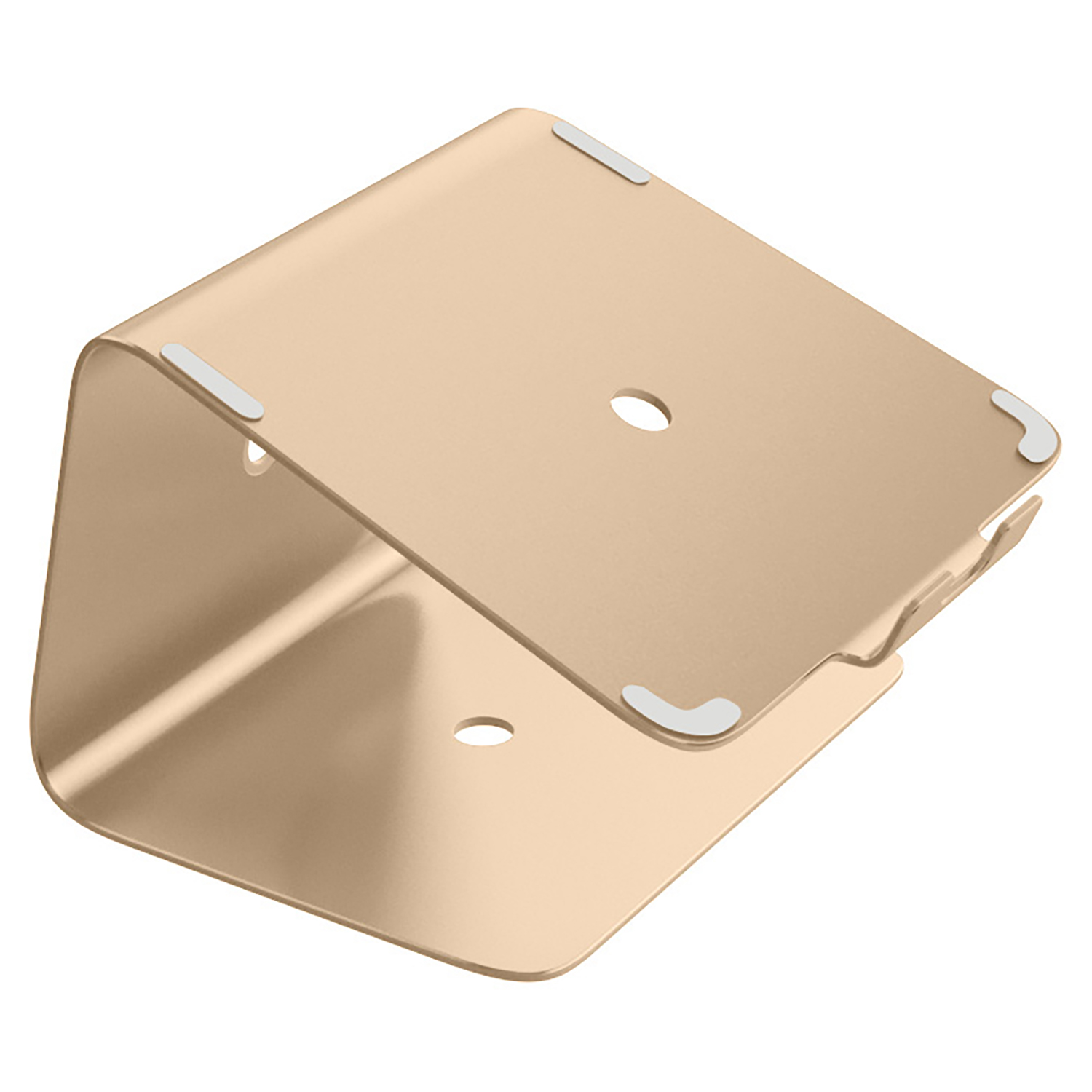Ein goldfarbener Laptop-Ständer mit dreieckigem Design. Er hat weiße Gummipads an den Ecken.