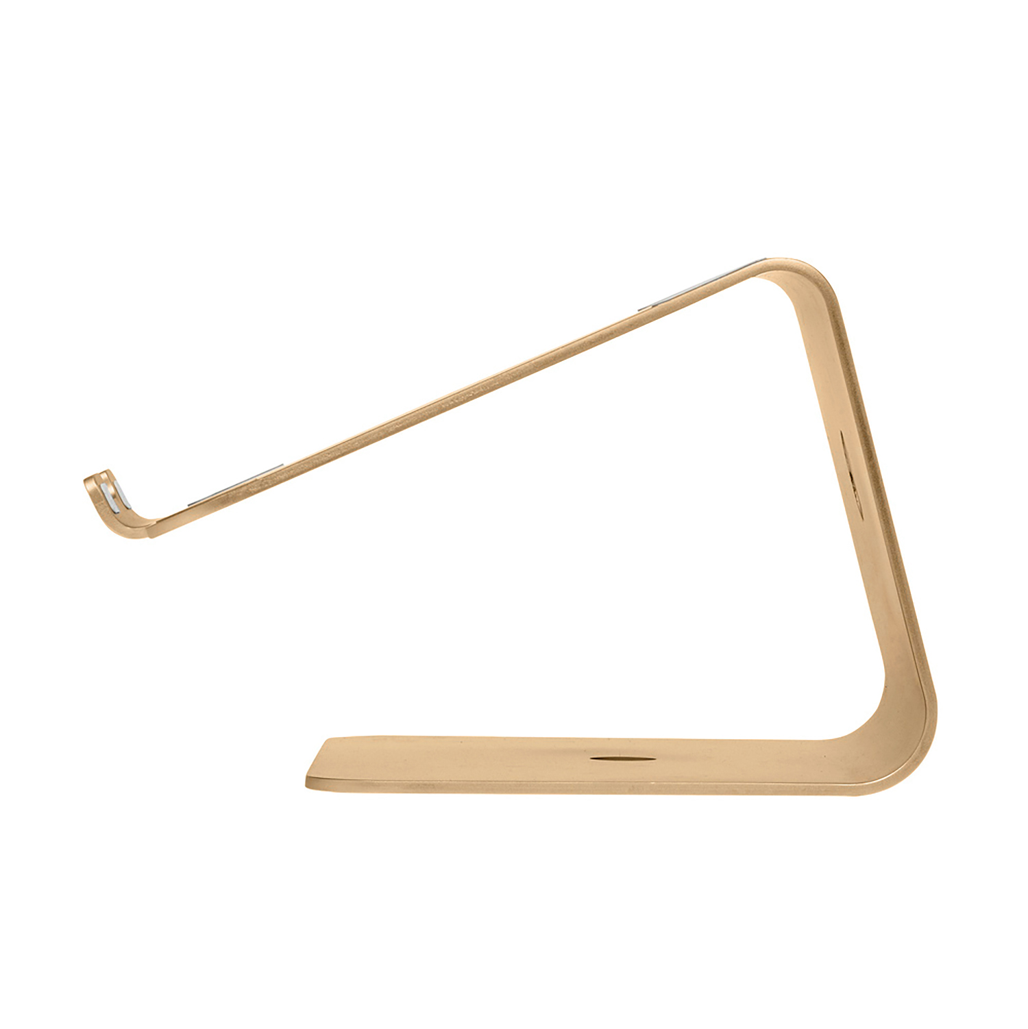 Goldener Laptopständer, Seitenansicht, minimalistisches Design.