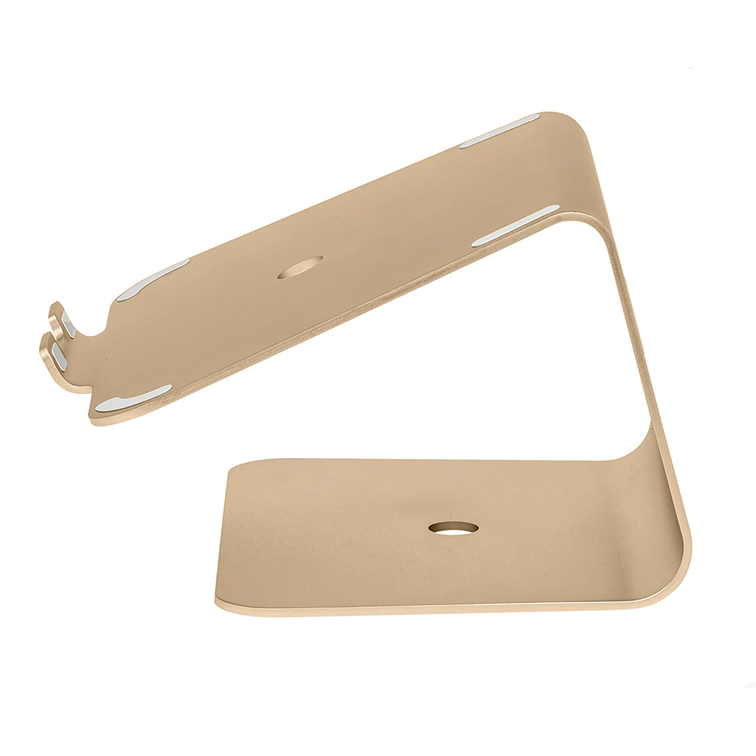 Ein goldfarbener Laptop-Ständer in abgewinkelter Position, auf weißem Hintergrund.