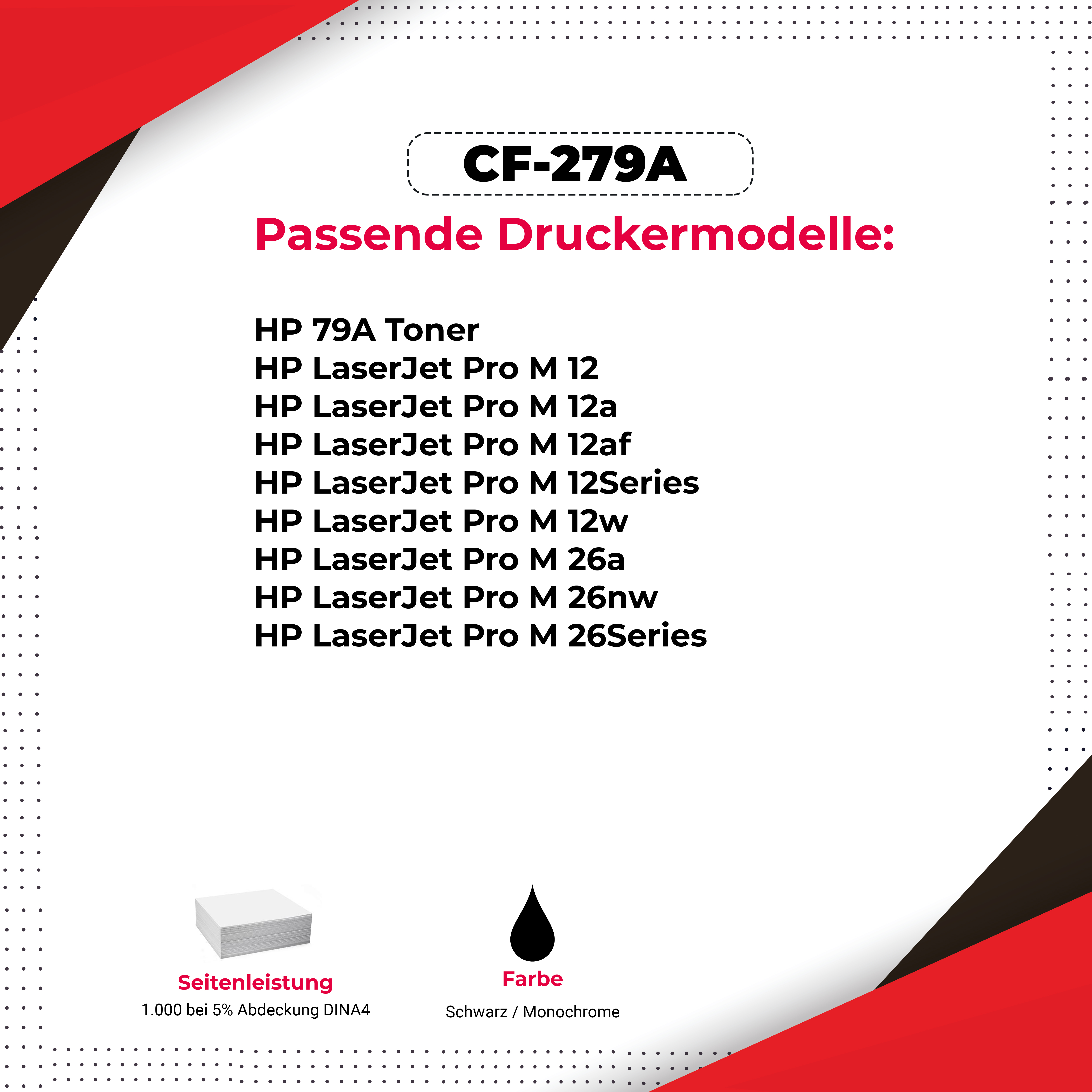 Blatt mit Druckermodellinformationen und Tintenfarbe. Schwarz-rotes Design, weißer Hintergrund.