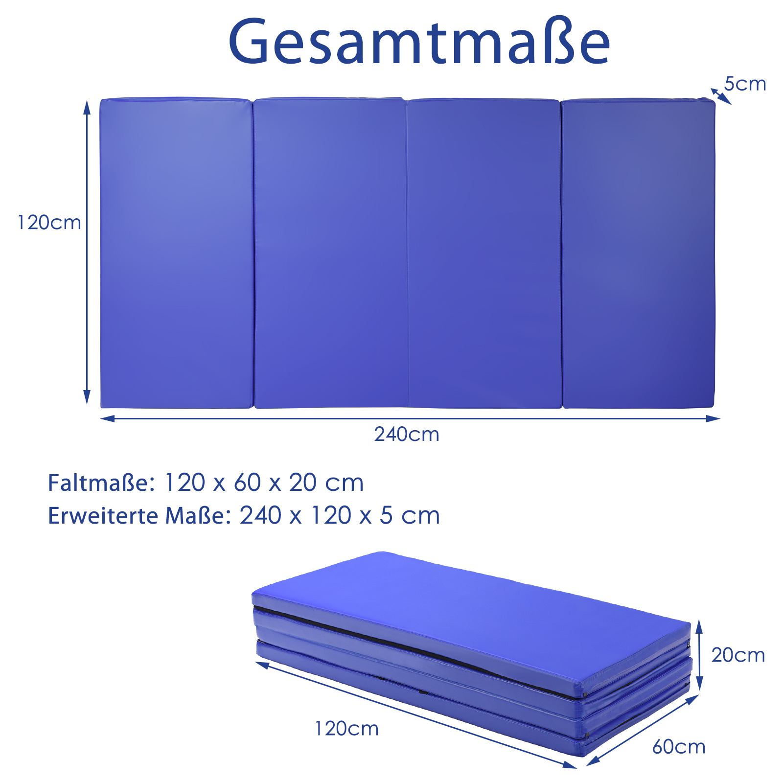 Blaue Klappmatte mit Abmessungen und Informationen auf Deutsch.