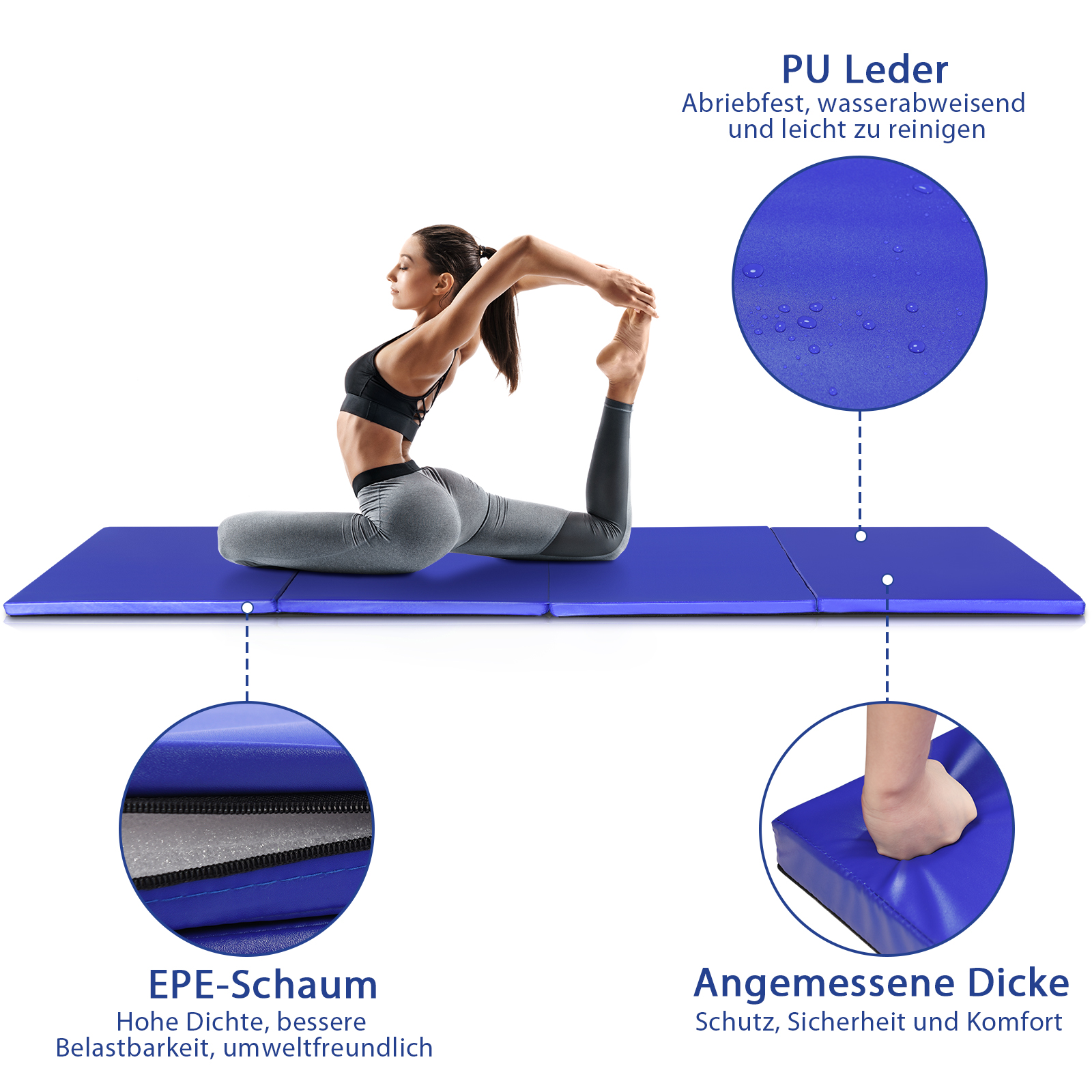 Frau macht Yoga auf einer blauen Matte. Details zeigen Textur und Dicke der Matte.