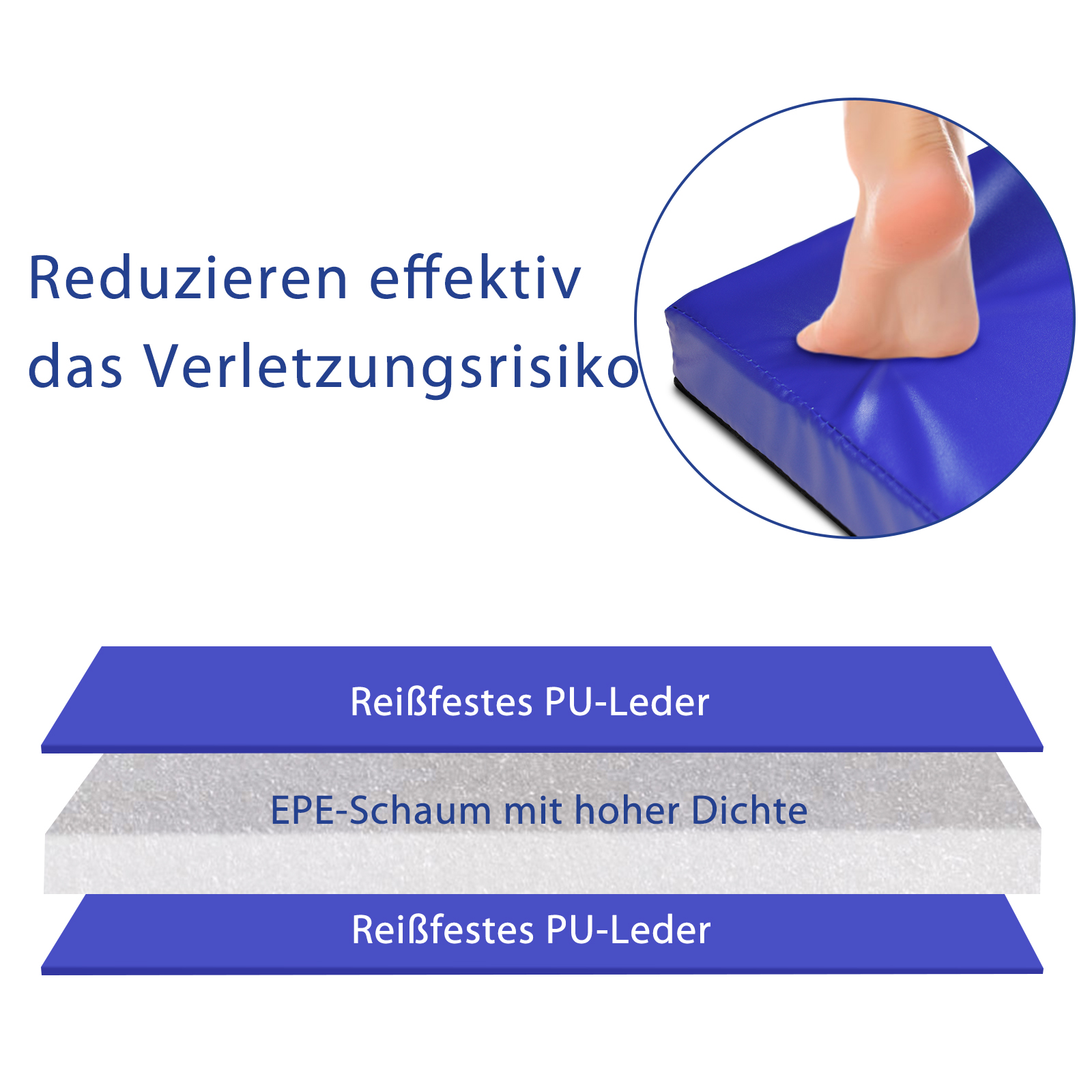 Blaues Schaumstoffpad mit Text. Ein Fuß tritt darauf.