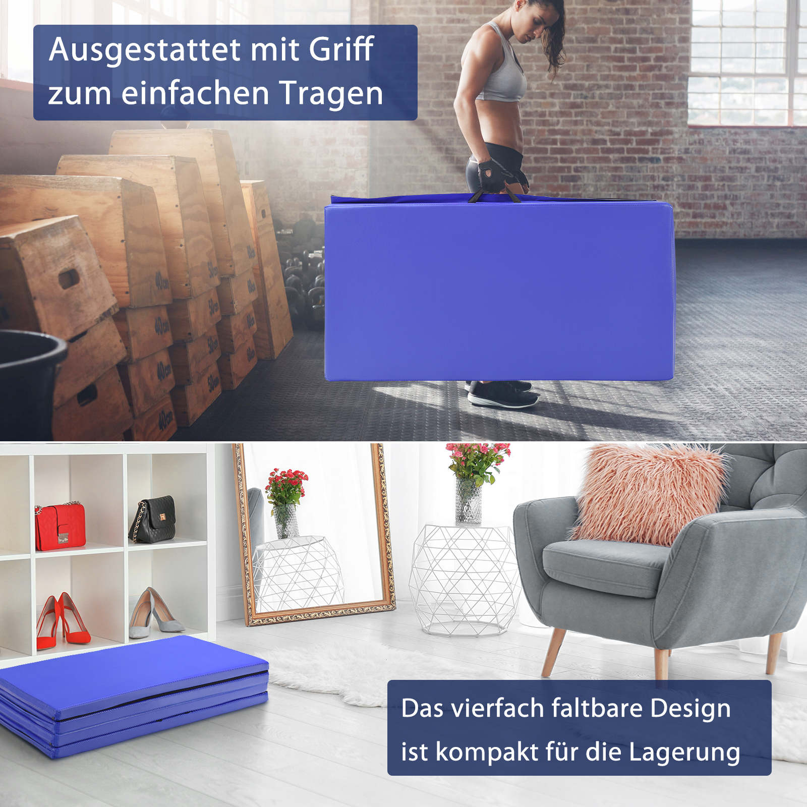 Blaues, zusammenklappbares Trainingsmatte, Frau im Fitnessstudio und gestapelte Kisten. Text: leicht zu tragen und zu lagern.