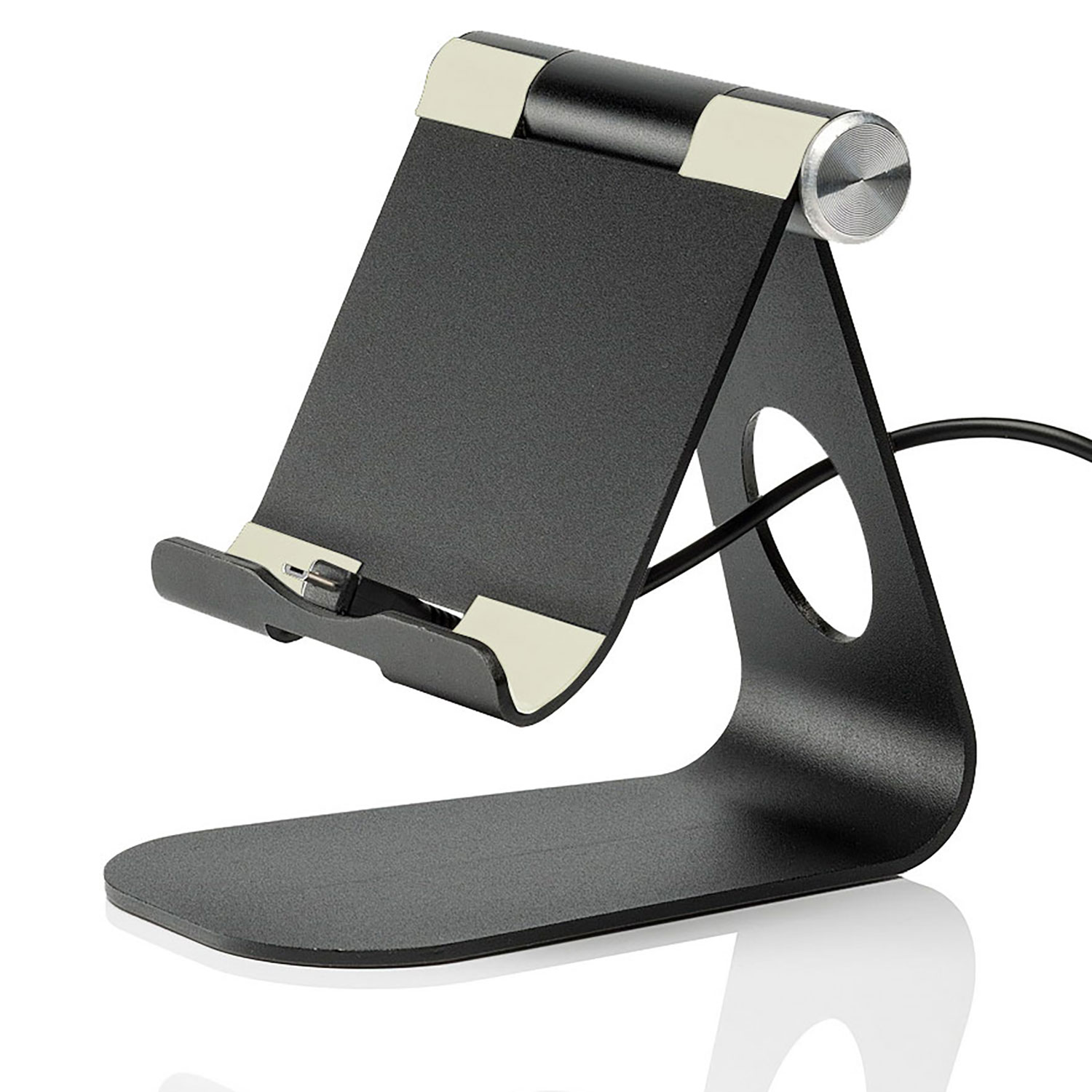 Schwarzer Telefonständer mit verstellbarem Arm und silbernem Einstellknopf.