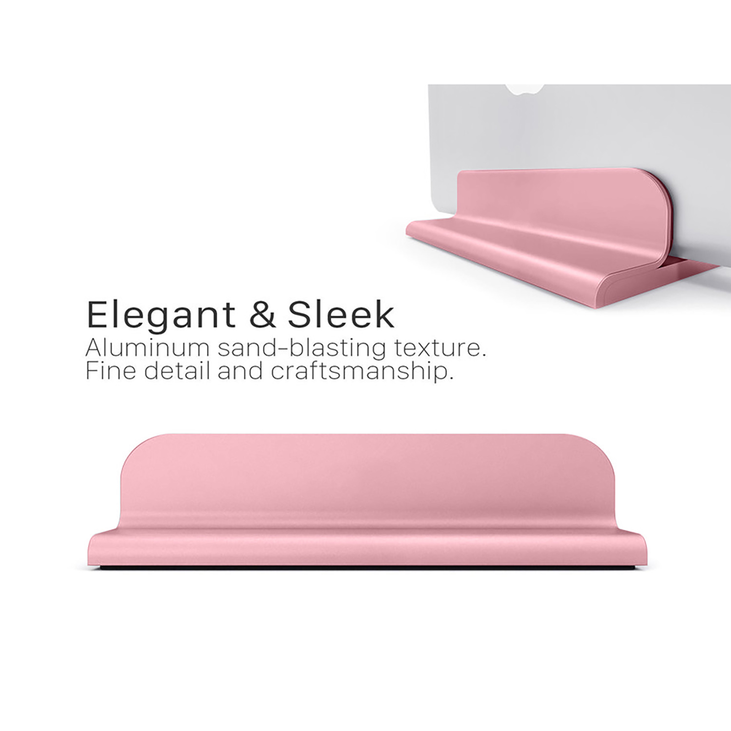Rosa Aluminium-Laptopständer, mit Text 'Elegant & Schlank' und Beschreibung.