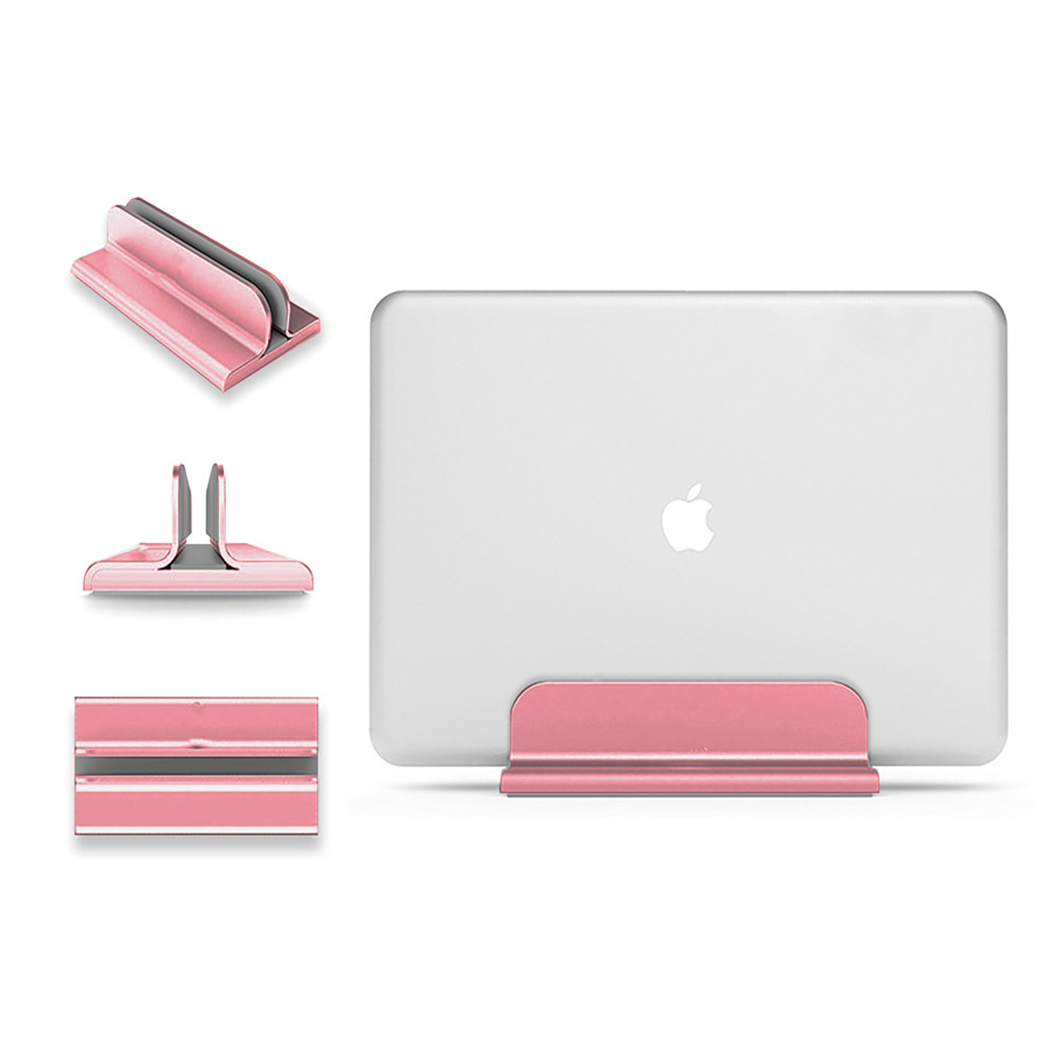 Rosa Laptop-Ständer mit einem silbernen Laptop. Drei weitere Ansichten des Ständers werden gezeigt.