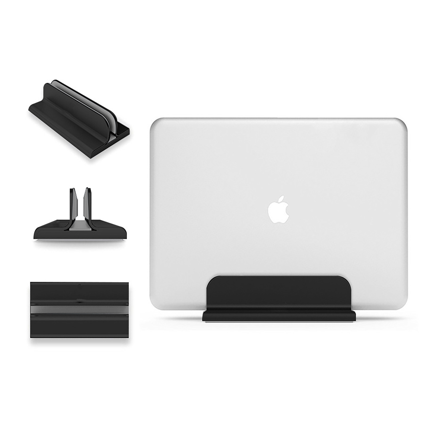 Laptopständer mit einem Laptop darauf. Der Ständer ist schwarz, mit drei Ansichten. Weißer Hintergrund.
