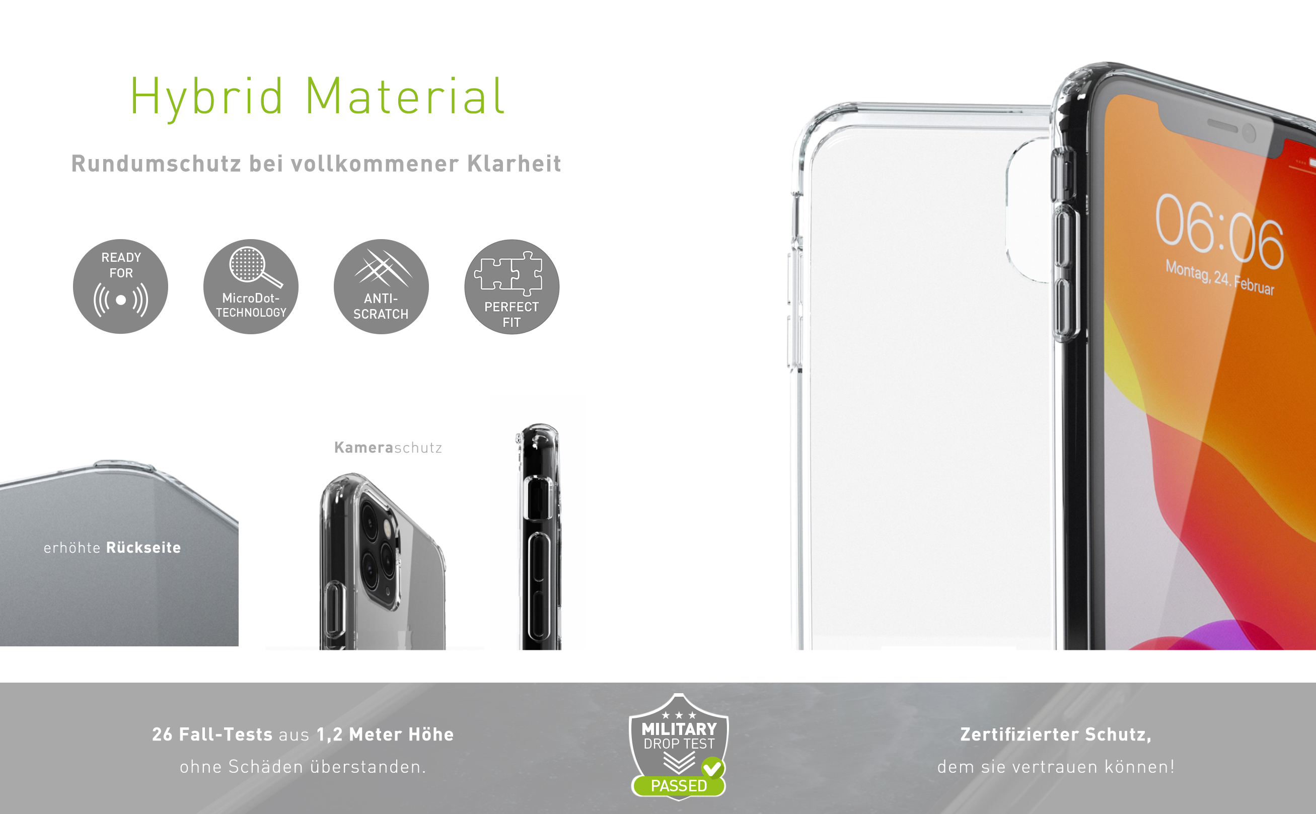 Transparente Handyhülle auf Telefon mit grünem Logo.