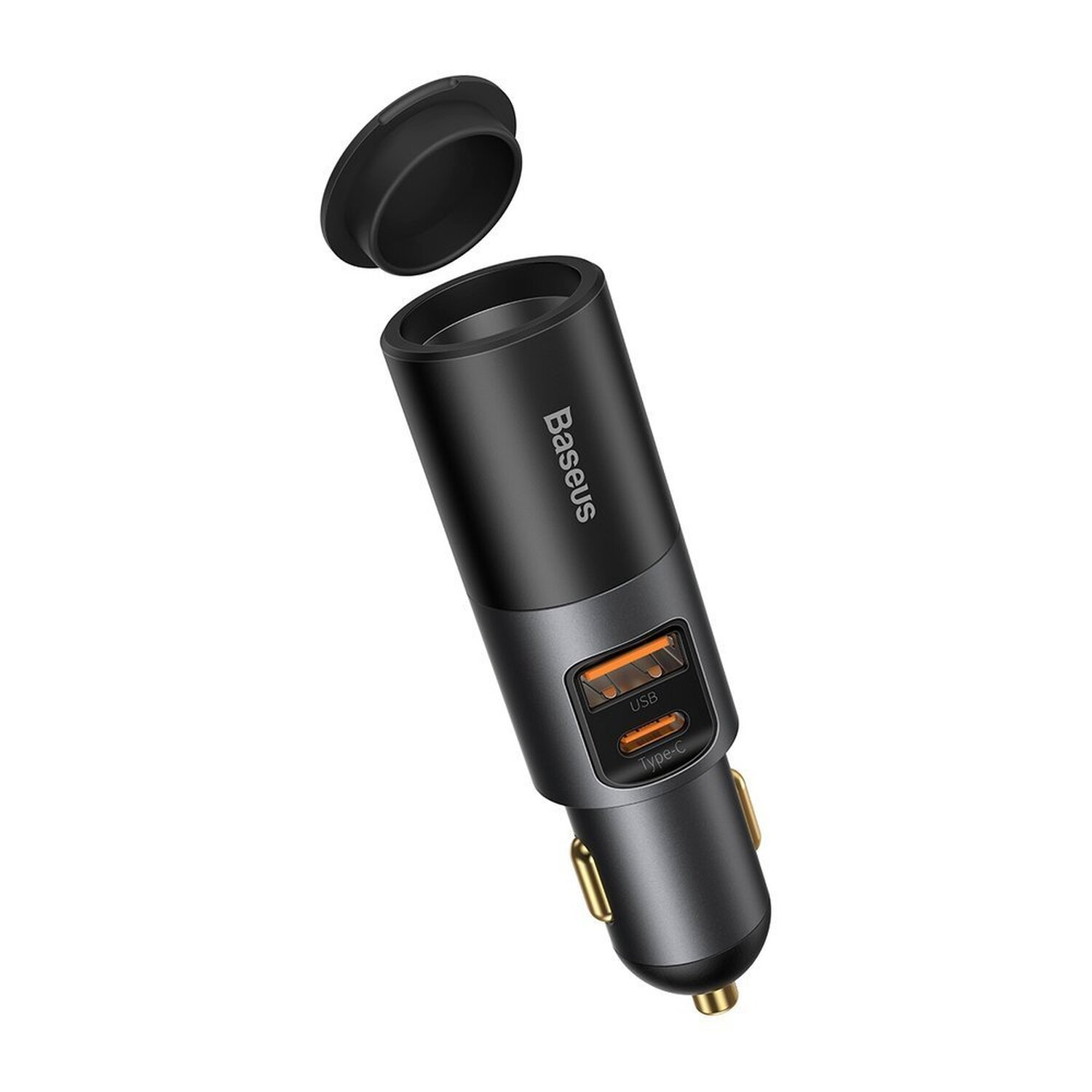 Schwarzes Autoladegerät mit zwei USB-Anschlüssen und einem Deckel oben.