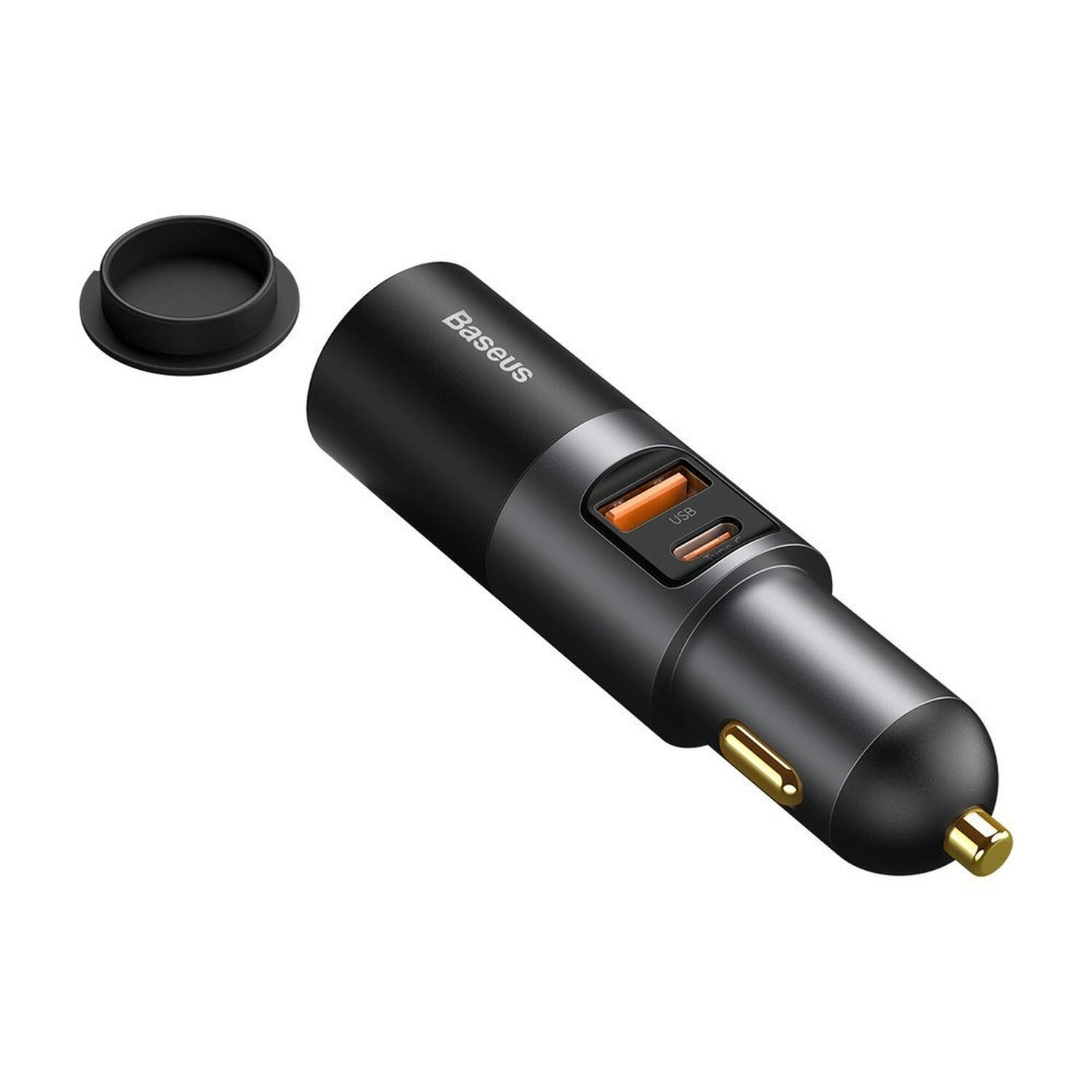 Schwarzes Autoladegerät mit der Aufschrift Baseus, mit USB-Anschluss und Kappe.
