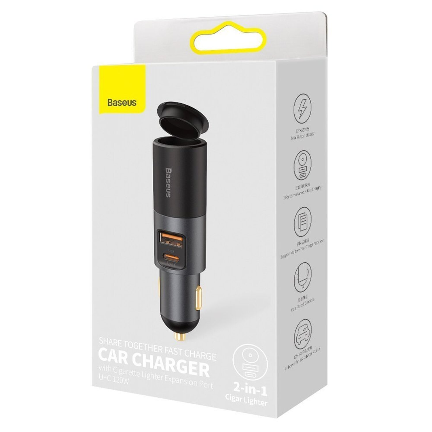 Autoladegerät mit USB-Anschlüssen und Zigarettenanzünder-Erweiterungsanschluss, in Verpackung.