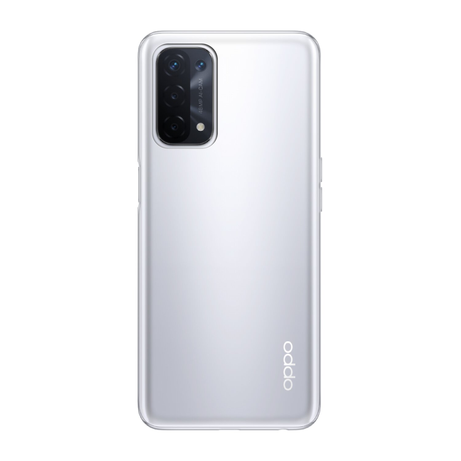 Silbernes Oppo-Telefon, Rückansicht, mit mehreren Kameras und dem Oppo-Logo.