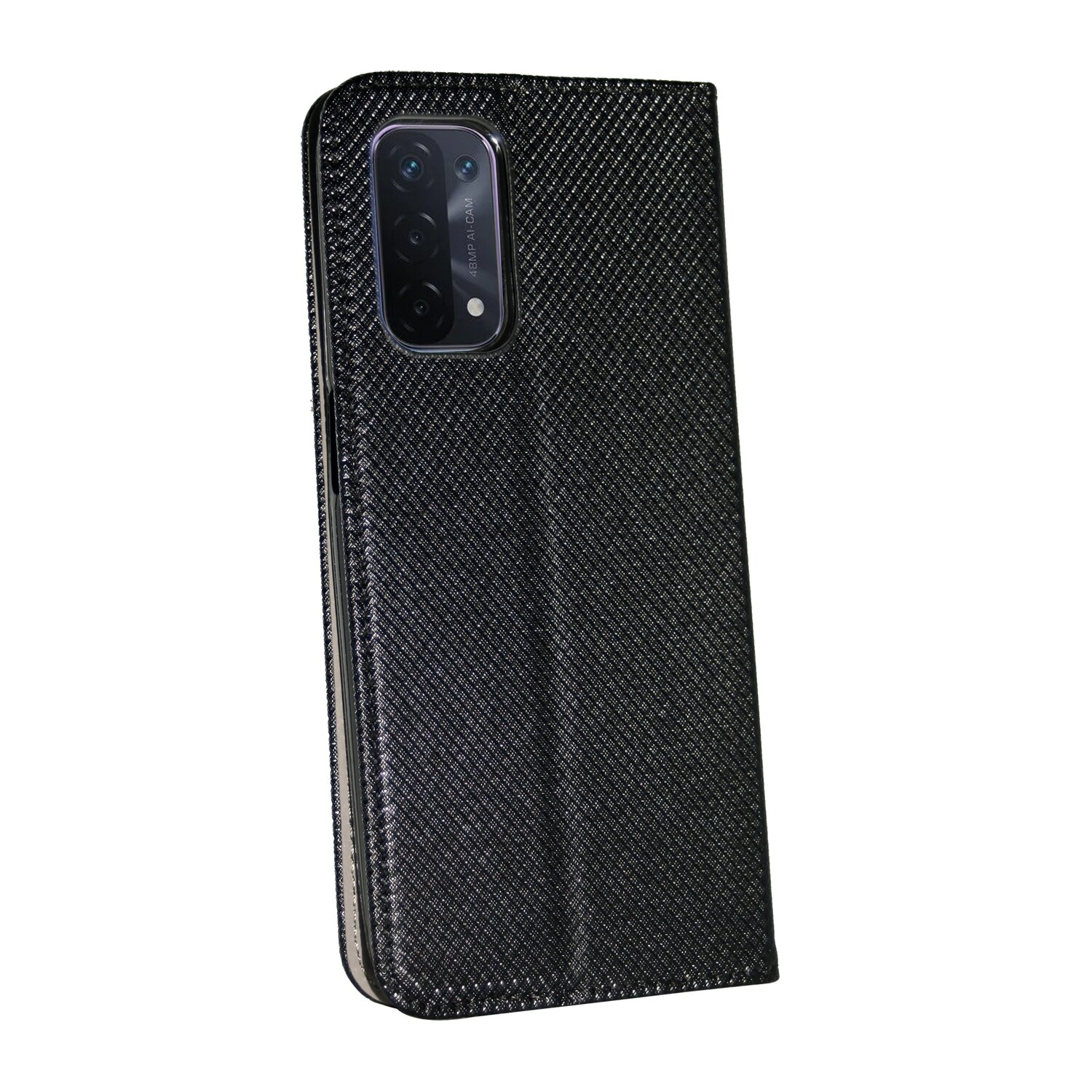 Schwarze Handyhülle mit strukturierter Oberfläche, Telefonkamera sichtbar. Weißer Hintergrund.