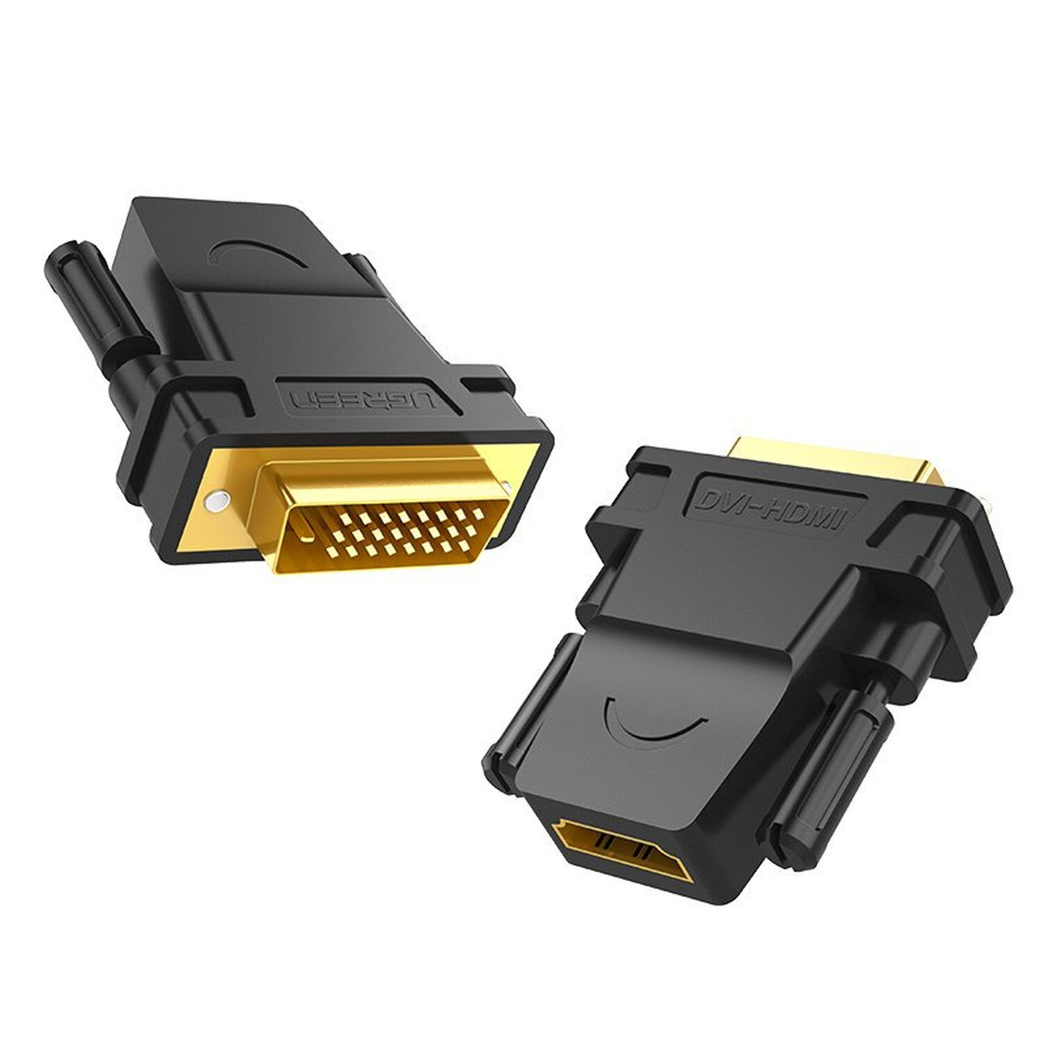 Zwei schwarze DVI-zu-HDMI-Adapter. Die Adapter sind schwarz mit goldenen Anschlüssen.
