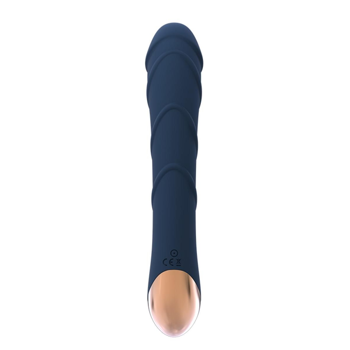 Blauer Vibrator mit goldener Spitze auf weißem Hintergrund.