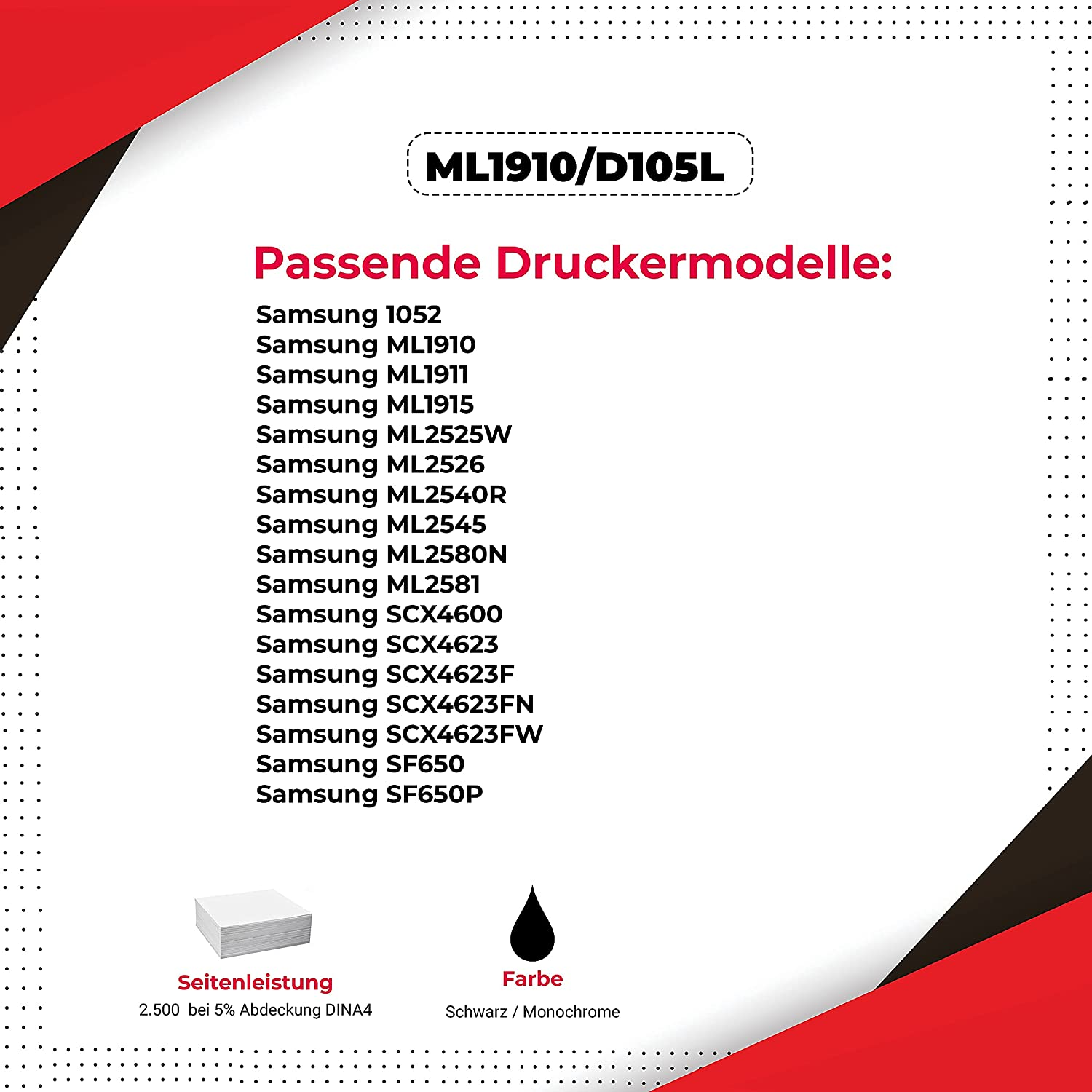 Eine Liste kompatibler Druckermodelle mit Schwarz-Weiß-Symbolen und Text auf rotem und weißem Hintergrund.