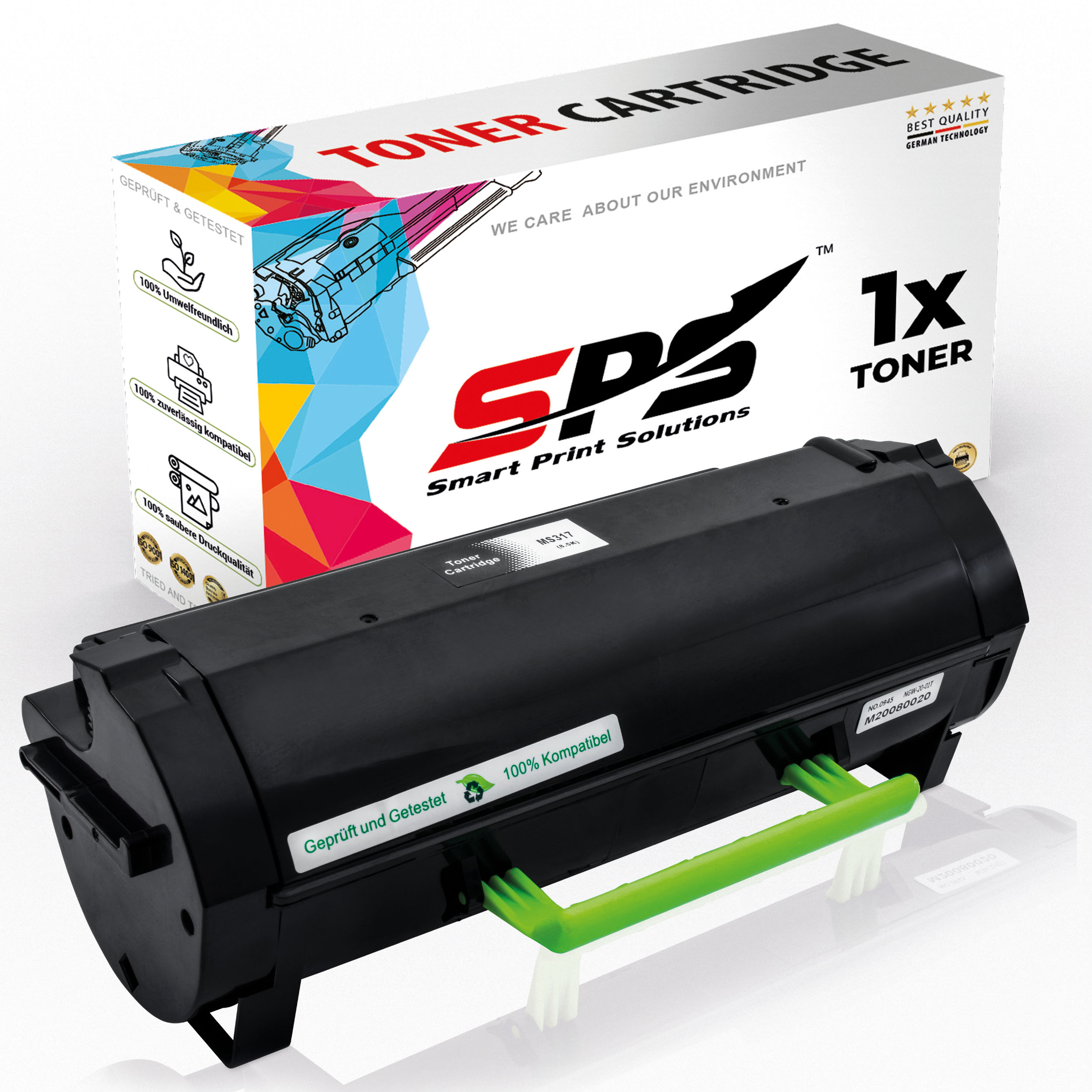 Schwarze Tonerkartusche mit grünem Griff vor einer Box. Die Box hat das SDS-Logo und sagt 'Toner Cartridge'.