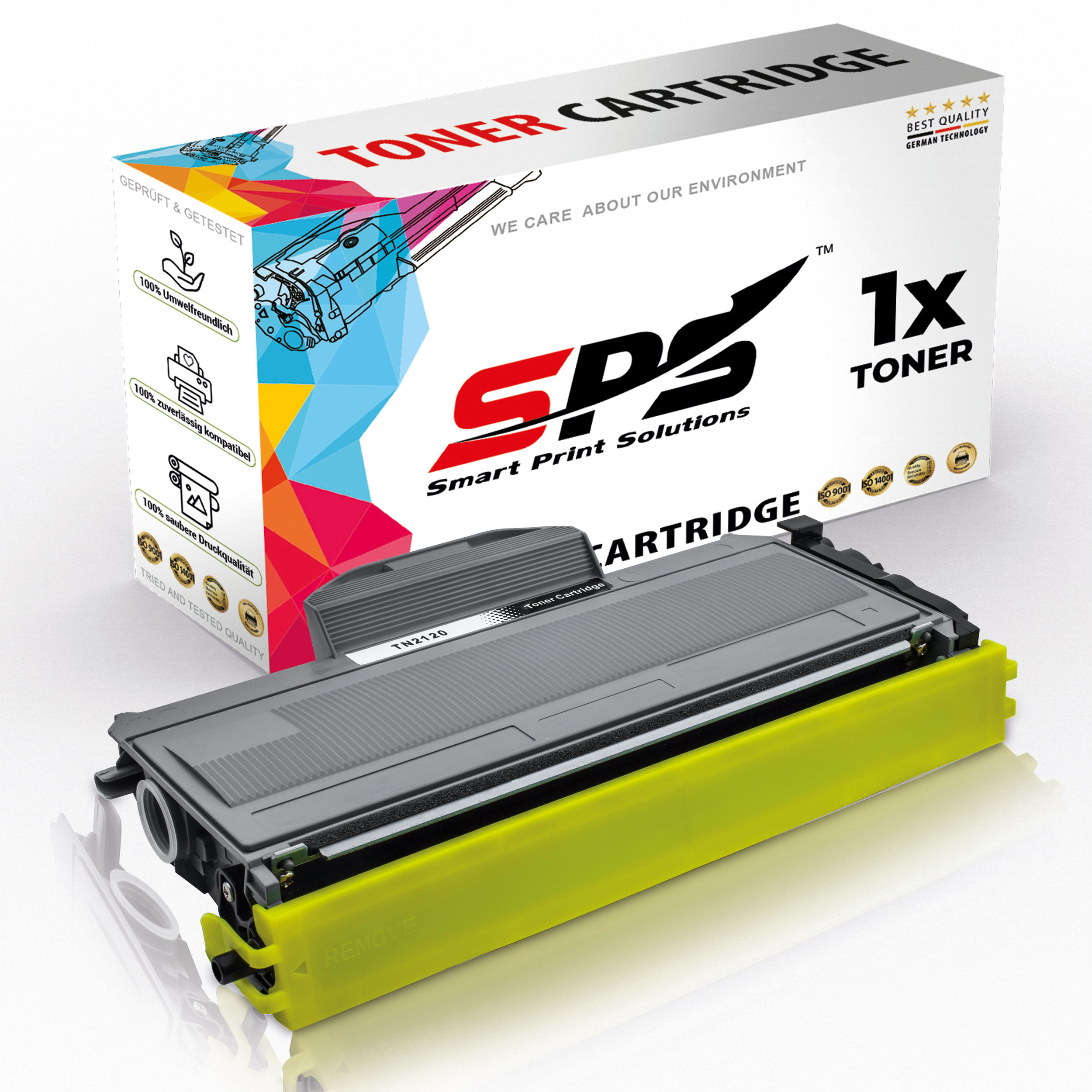 Graue und gelbe Tonerkartusche vor einer Box. Die Box hat den Markennamen SDS und sagt 'Toner Cartridge'.