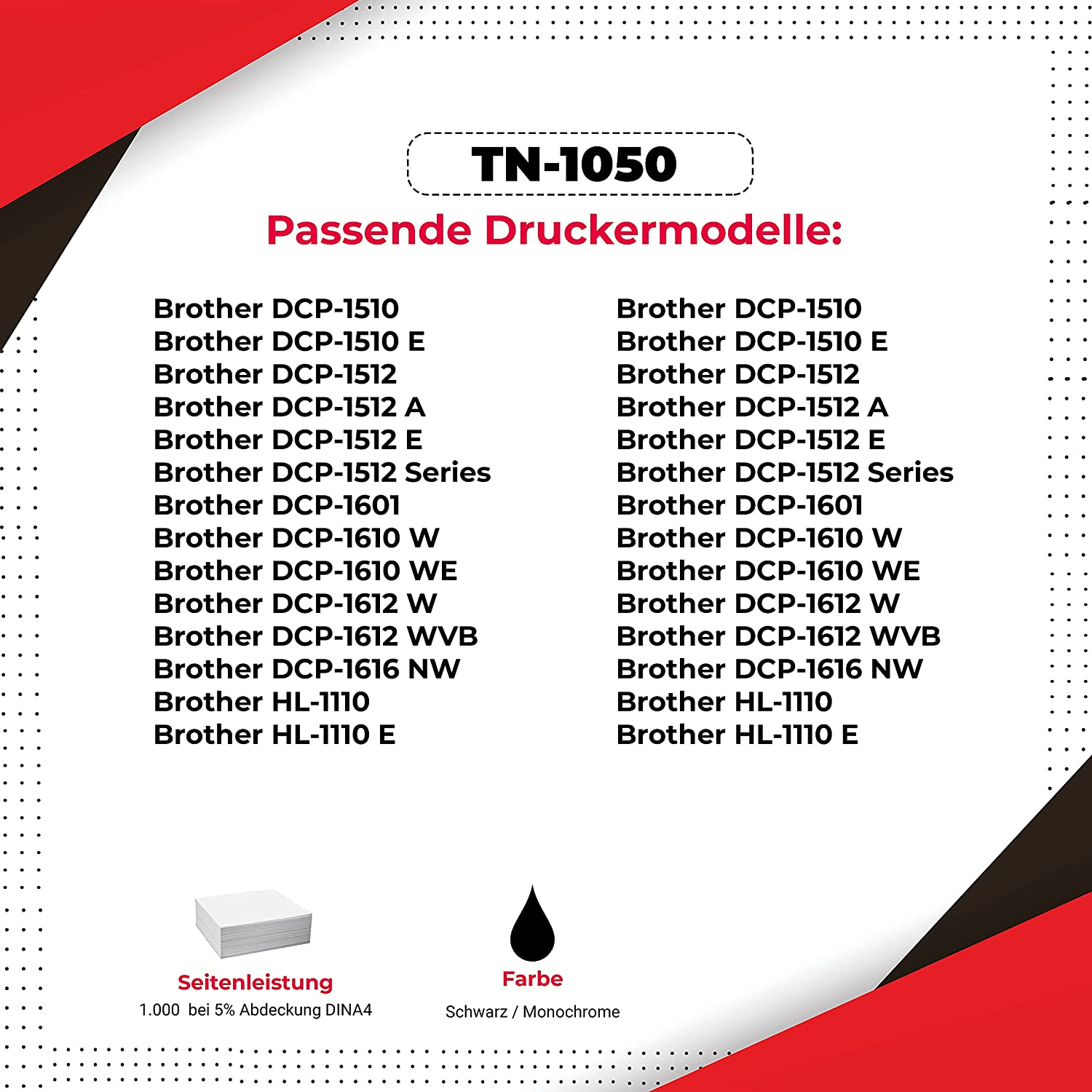 Eine Liste von Brother-Druckermodellen und ein Monochrom-Tintensymbol.
