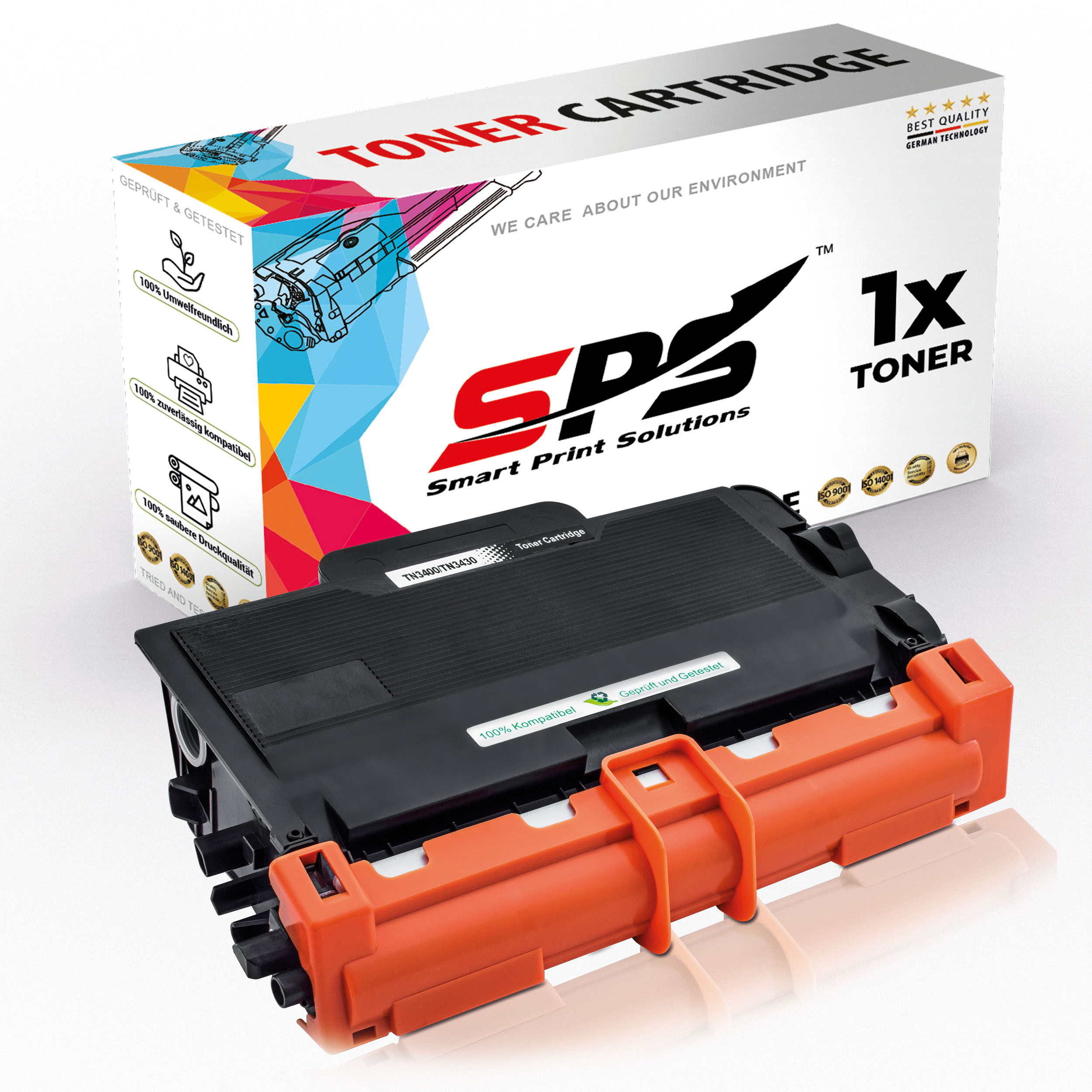 Schwarze Tonerkartusche mit orangefarbenem Griff vor einer Box mit SDS-Logo und 'Toner Cartridge'.